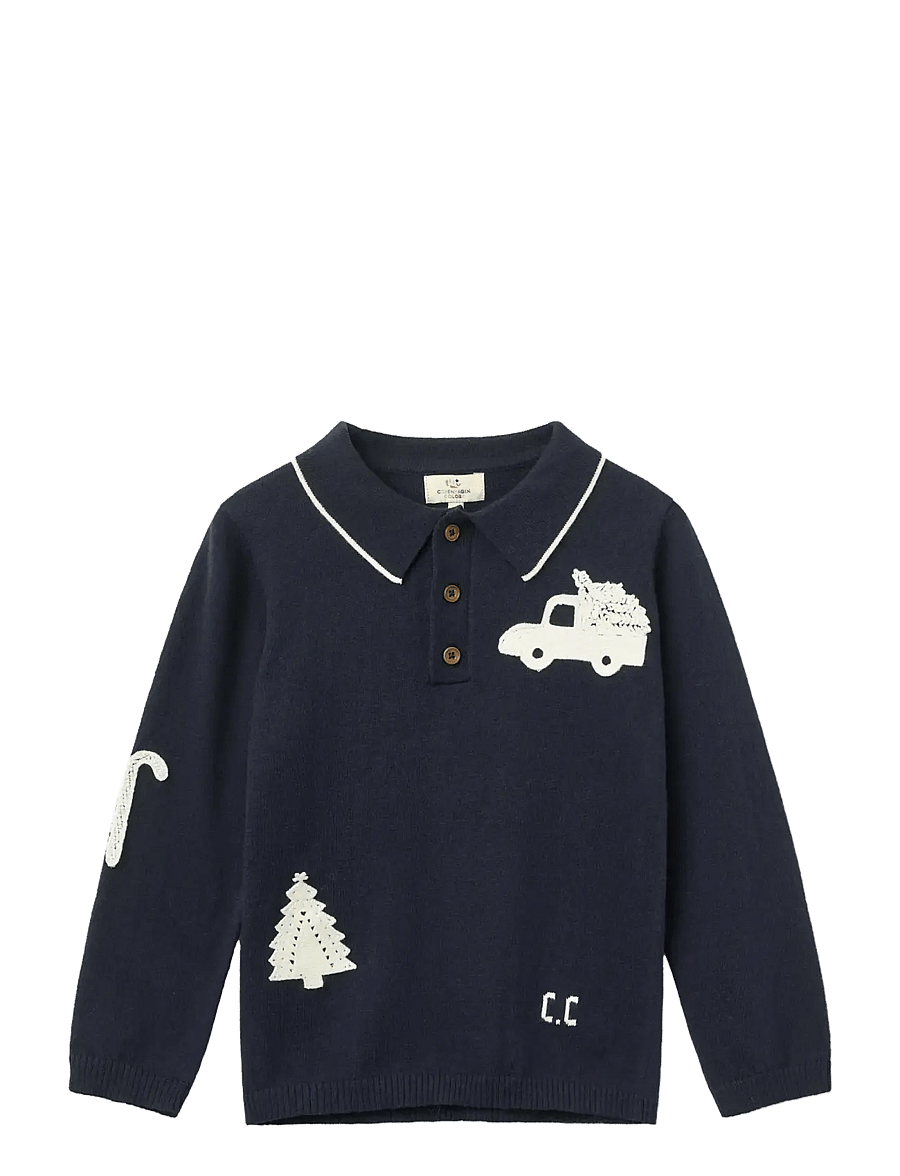 Copenhagen Colors - Knitted Polo w. Crochet Patches - langärmelig poloshirt - navy/ cream comb - 0