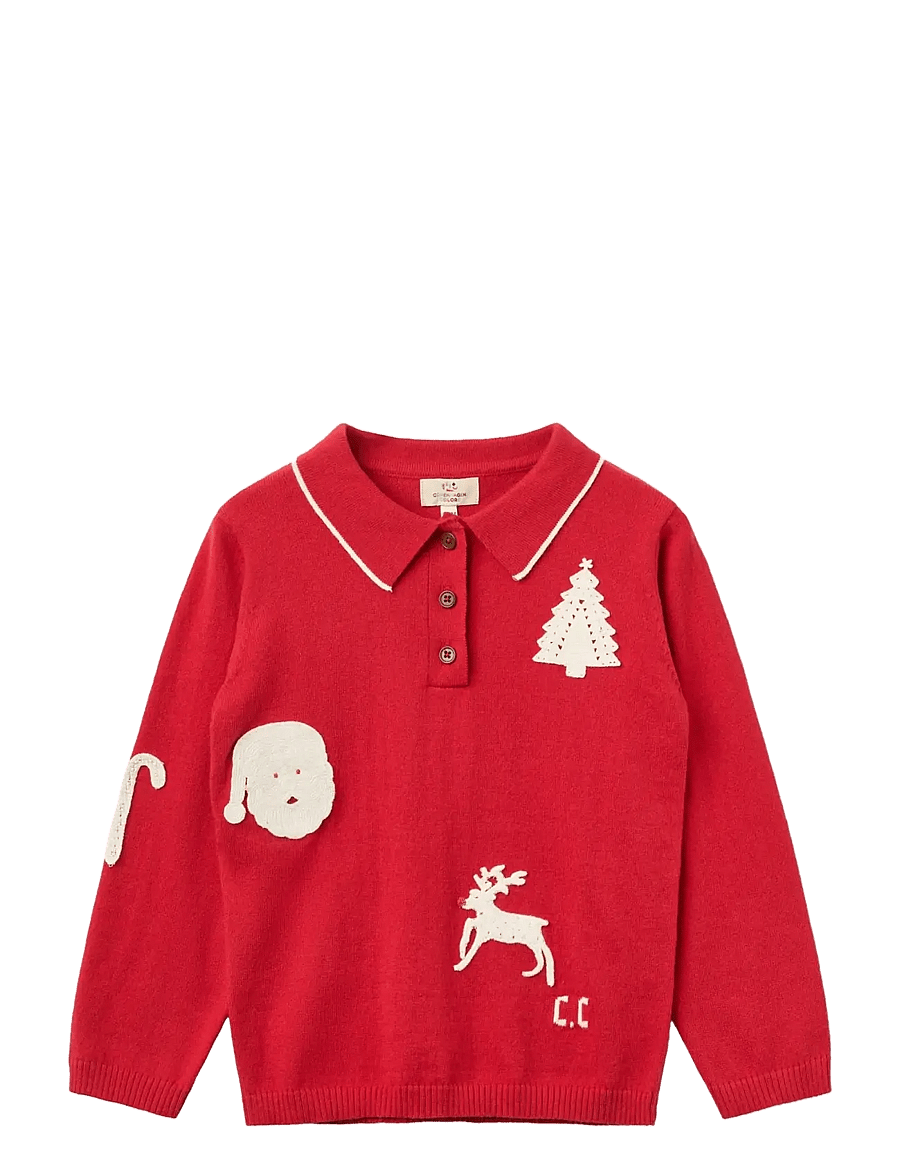 Copenhagen Colors - Knitted Polo w. Crochet Patches - red/ cream comb - 0
