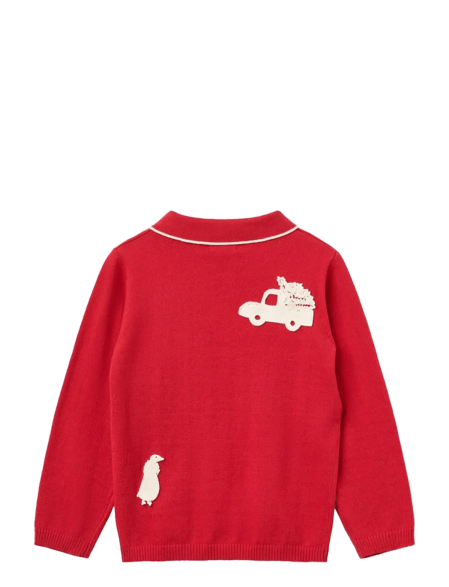 Copenhagen Colors - Knitted Polo w. Crochet Patches - red/ cream comb - 1