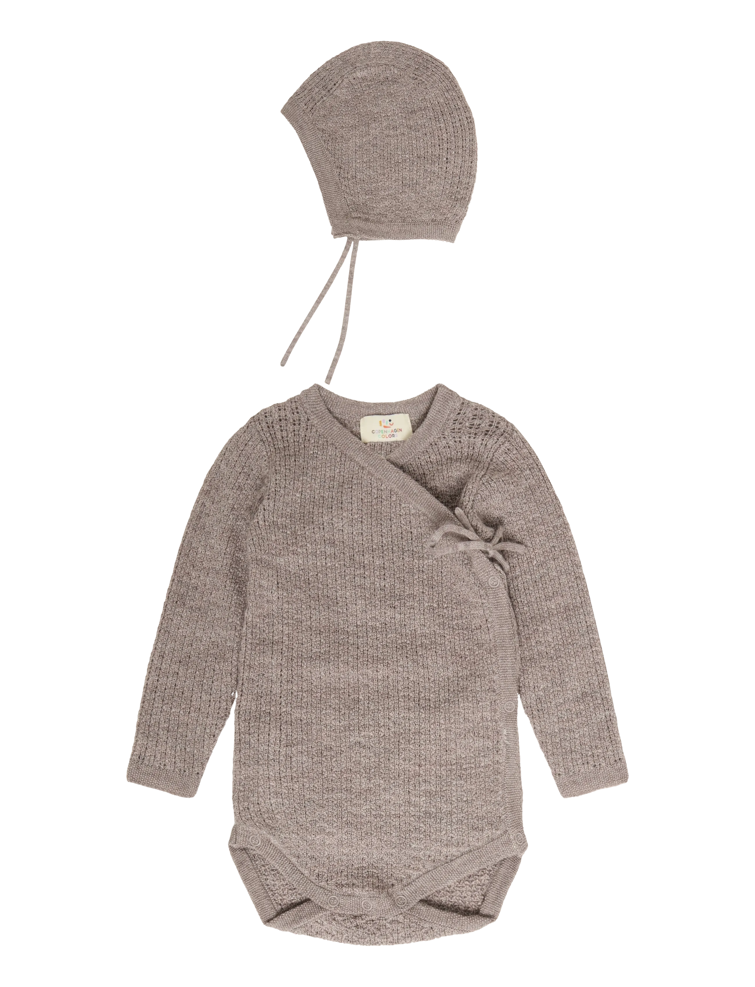 Copenhagen Colors 2-Pack Merino Pointelle Baby Cross-Over & Baby Bonnet Hat - Baselayer til baby - NATURAL MELANGE / brown
