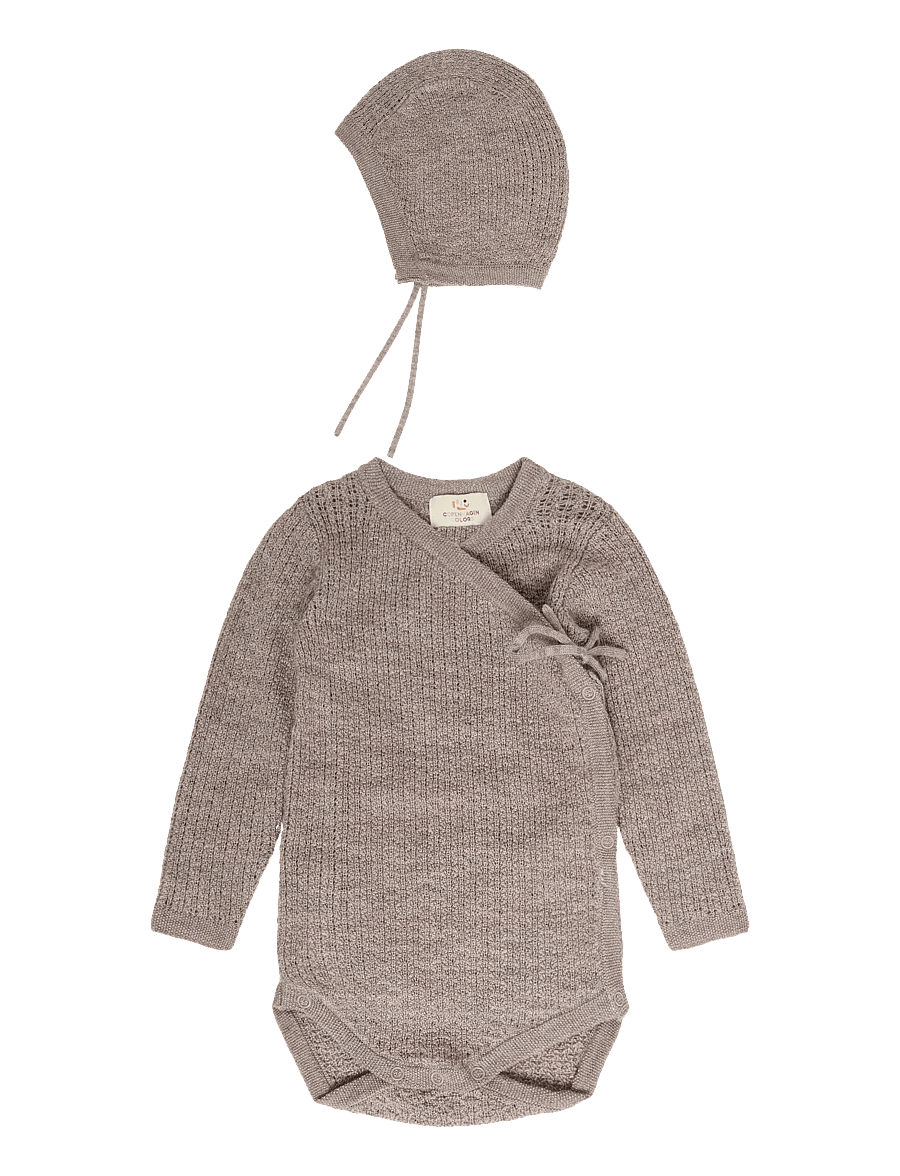Copenhagen Colors - 2-Pack Merino Pointelle Baby Cross-Over & Baby Bonnet Hat - base layer baby - natural melange - 0