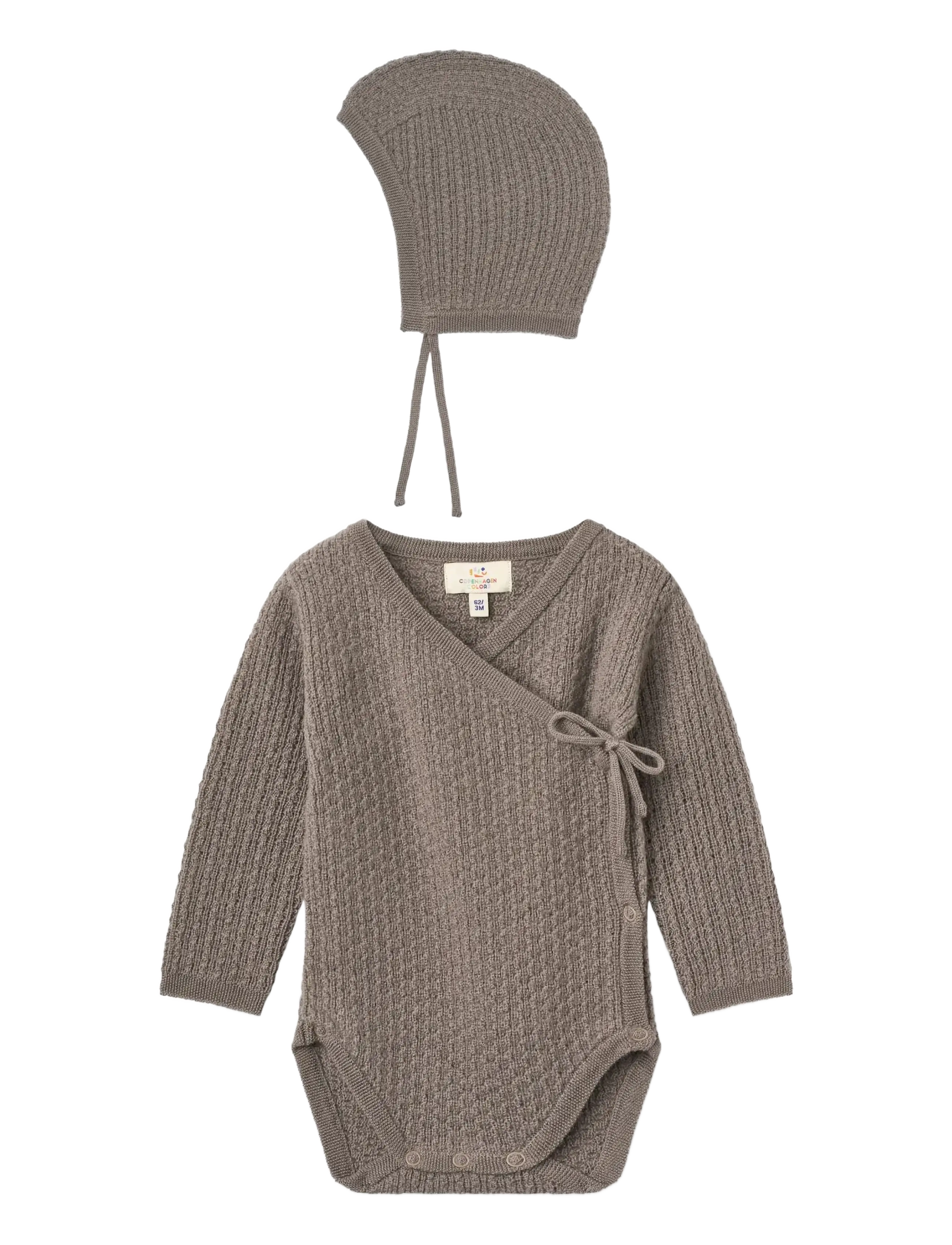 Copenhagen Colors 2-Pack Merino Pointelle Baby Cross-Over & Baby Bonnet Hat - Uldundertøj baby - NATURAL MELANGE / brown