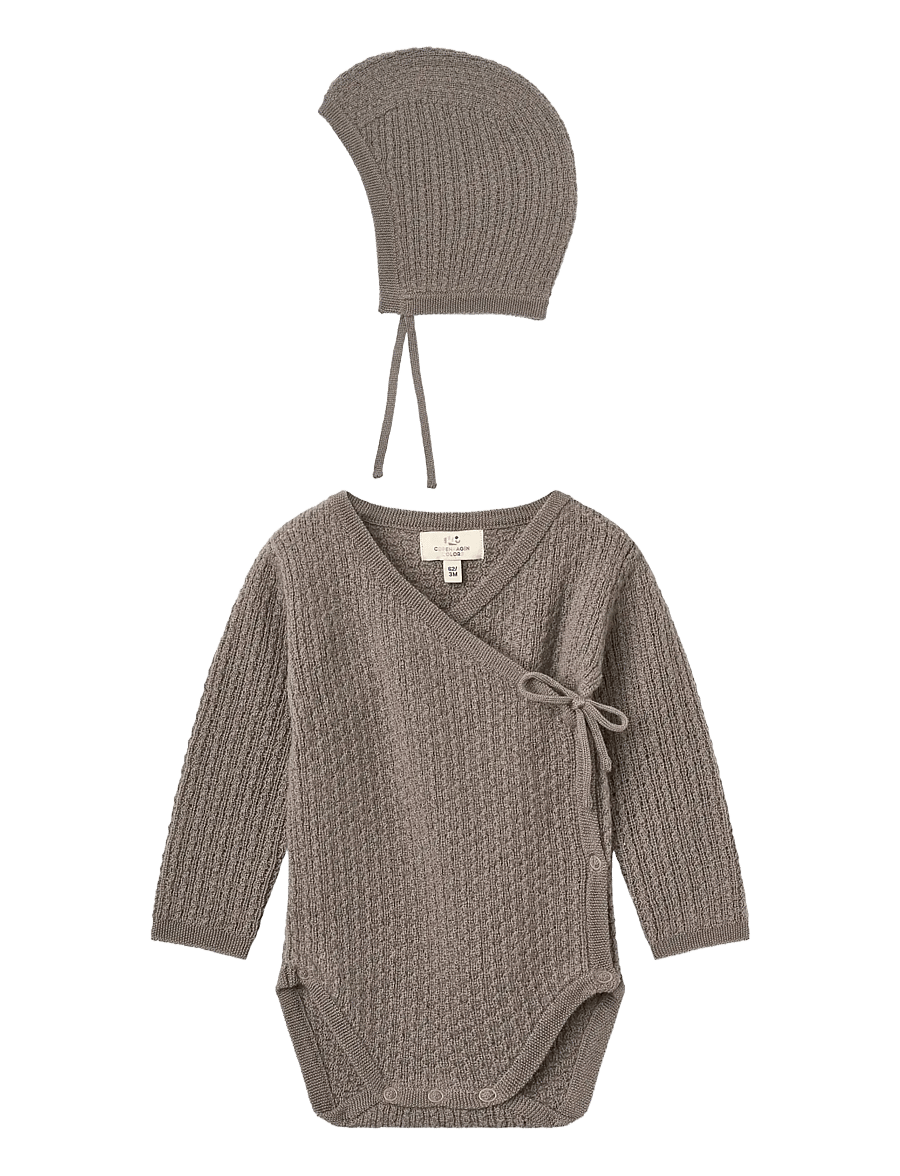 Copenhagen Colors - 2-Pack Merino Pointelle Baby Cross-Over & Baby Bonnet Hat - uldundertøj baby - natural melange - 0