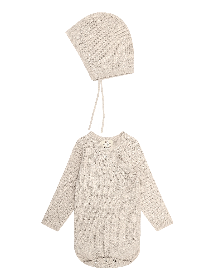 Copenhagen Colors - 2-Pack Merino Pointelle Baby Cross-Over & Baby Bonnet Hat - uldundertøj baby - pale cream - 1