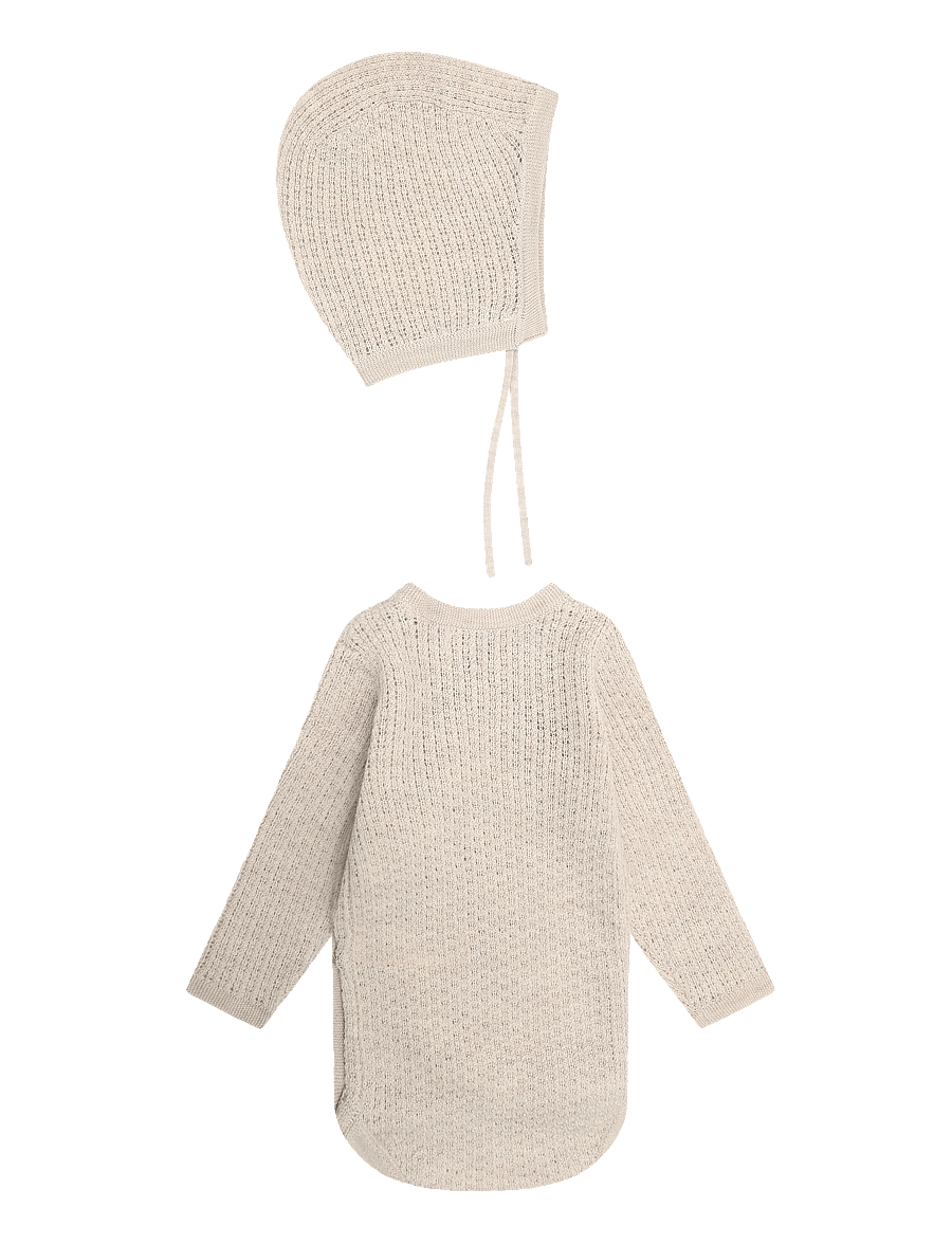 Copenhagen Colors - 2-Pack Merino Pointelle Baby Cross-Over & Baby Bonnet Hat - uldundertøj baby - pale cream - 2