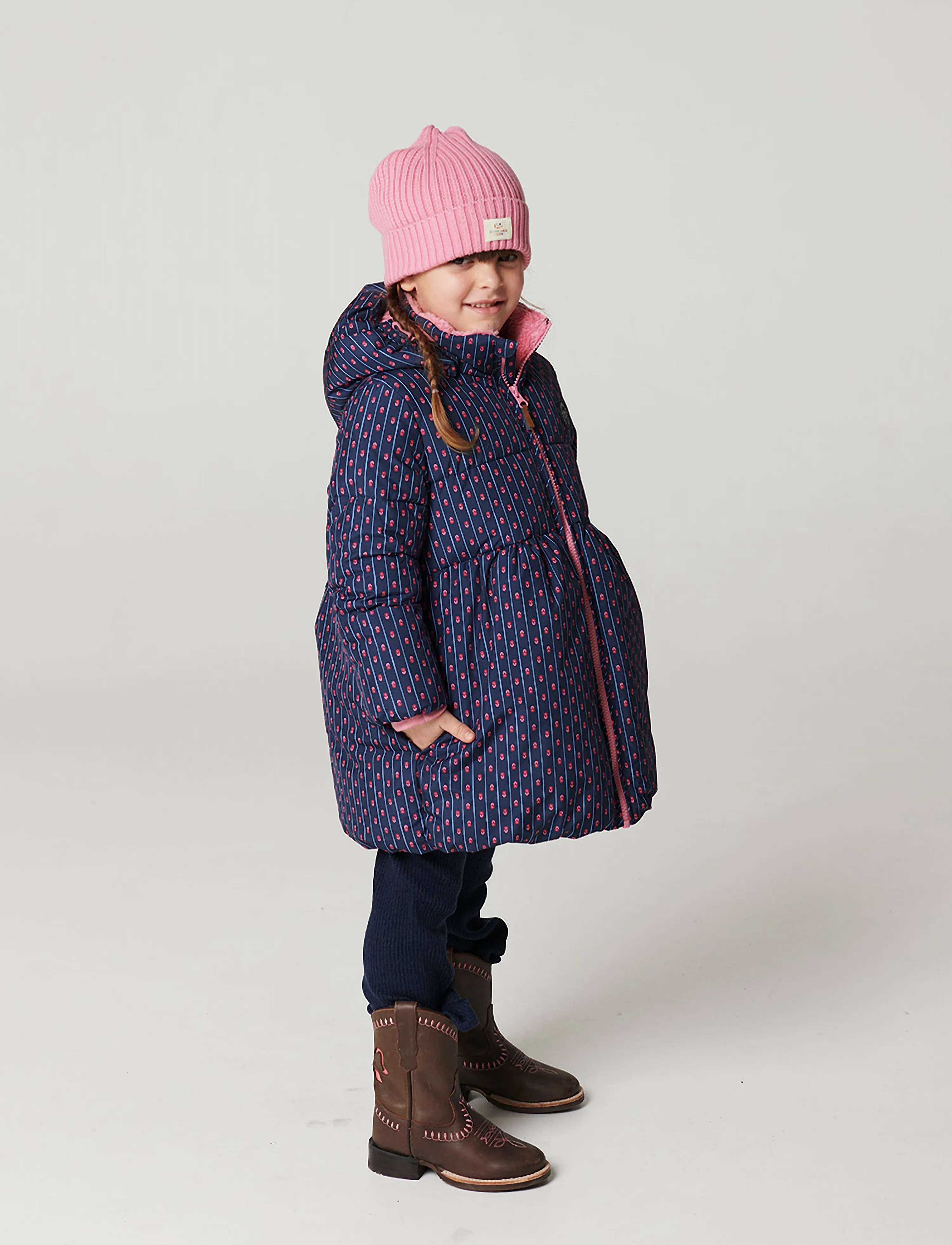 Copenhagen Colors - Puffer Long Frill Jacket w. Teddy Lining - navy flower aop - 3