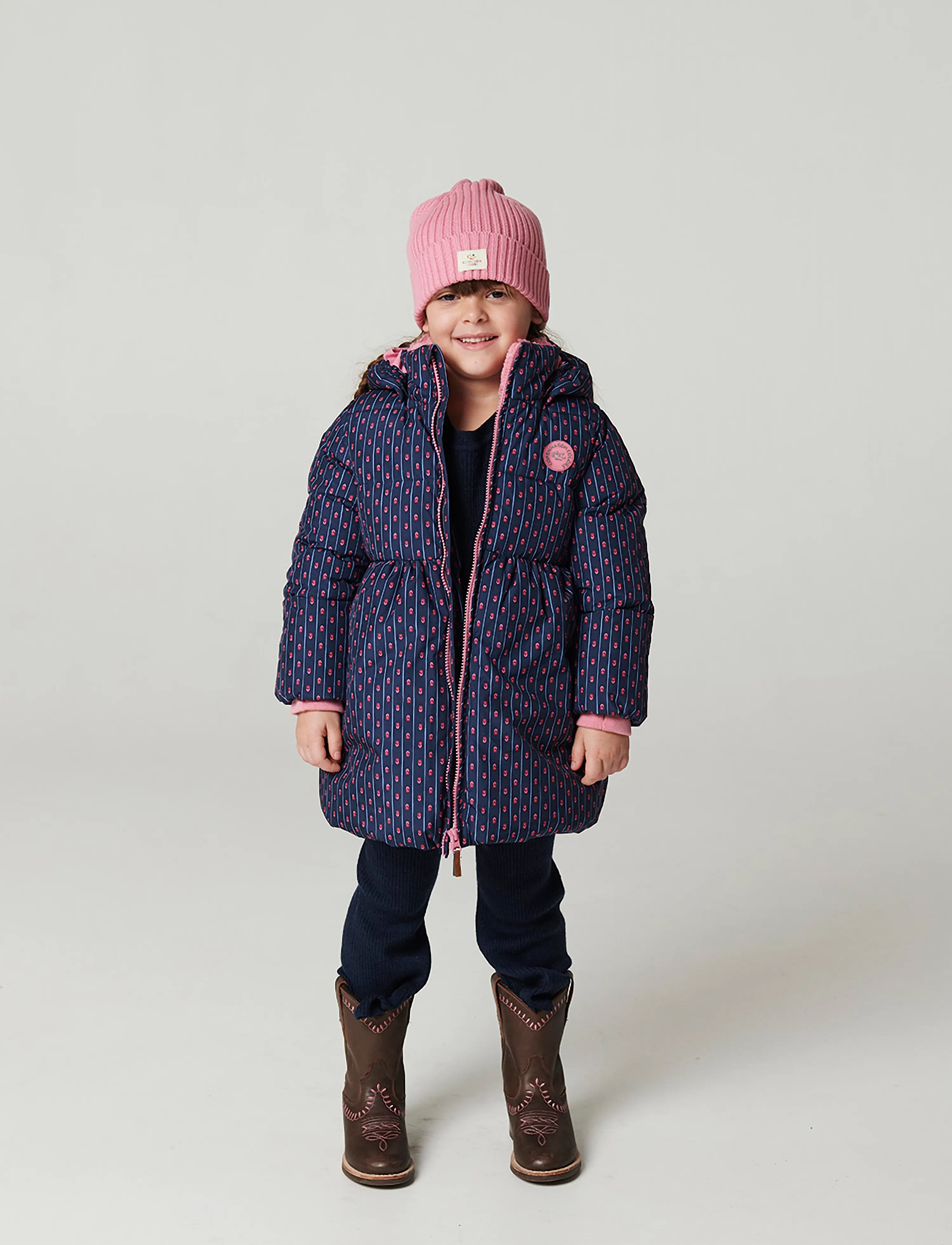 Copenhagen Colors - Puffer Long Frill Jacket w. Teddy Lining - navy flower aop - 4