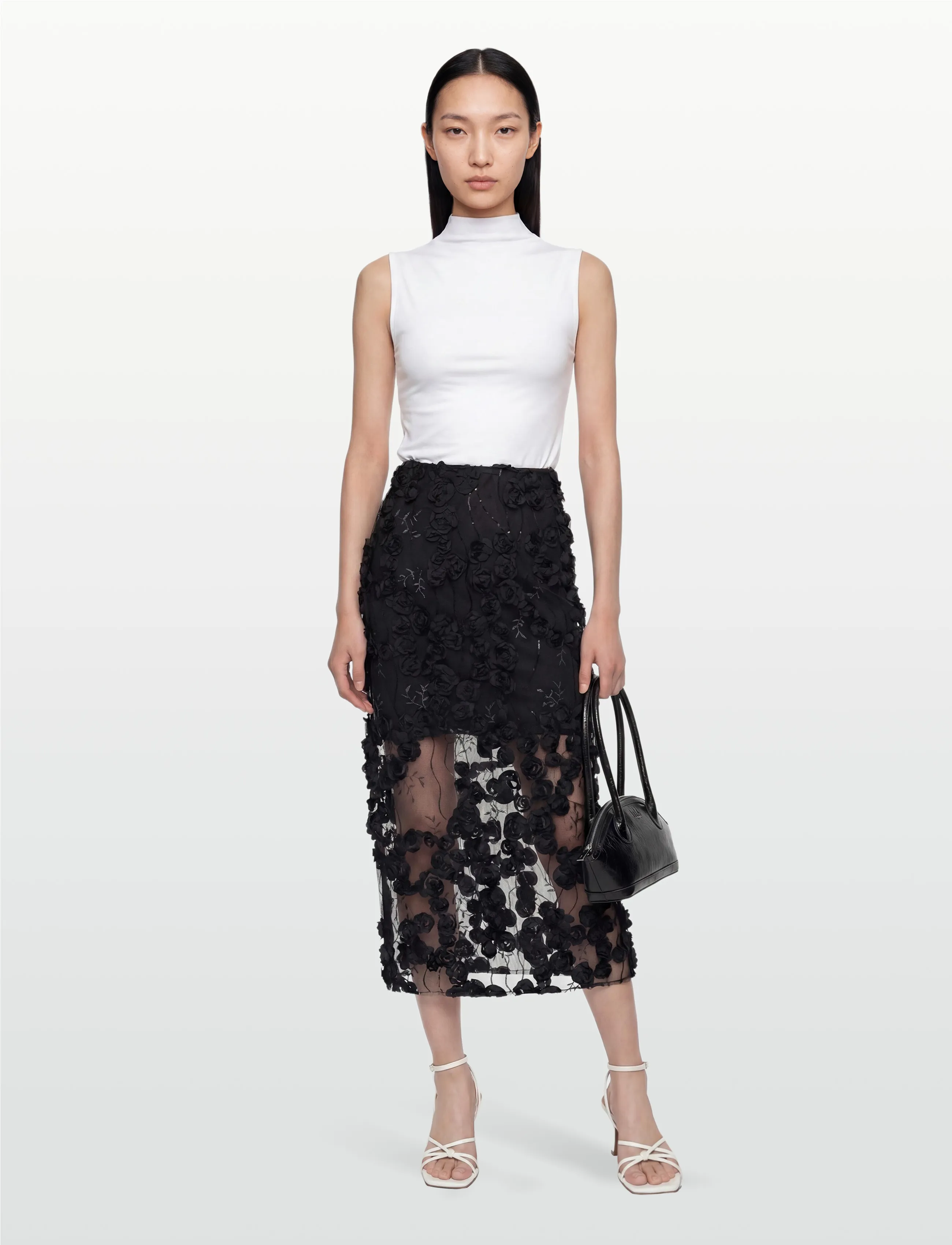 Copenhagen Muse Cmrosaly-Skirt, Kvinder, Blomster Applikation Maxi Nederdel, Sort, Str: L