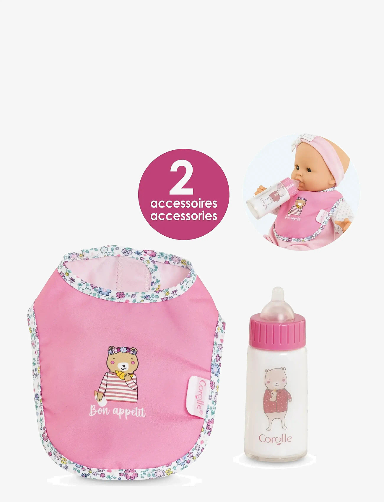 Corolle - Corolle Doll Accessories Bib + Baby Bottle - dukketilbehør - pink - 1