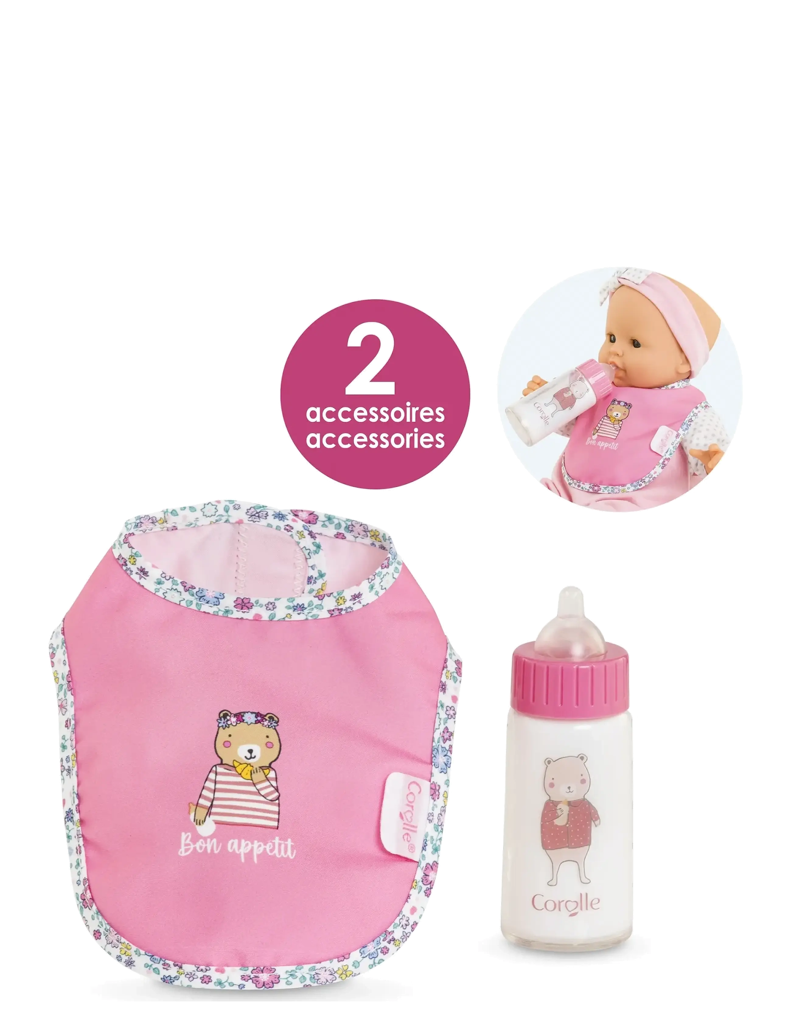 Corolle Corolle Doll Accessories Bib + Baby Bottle - Kampagne - PINK / pink/rose