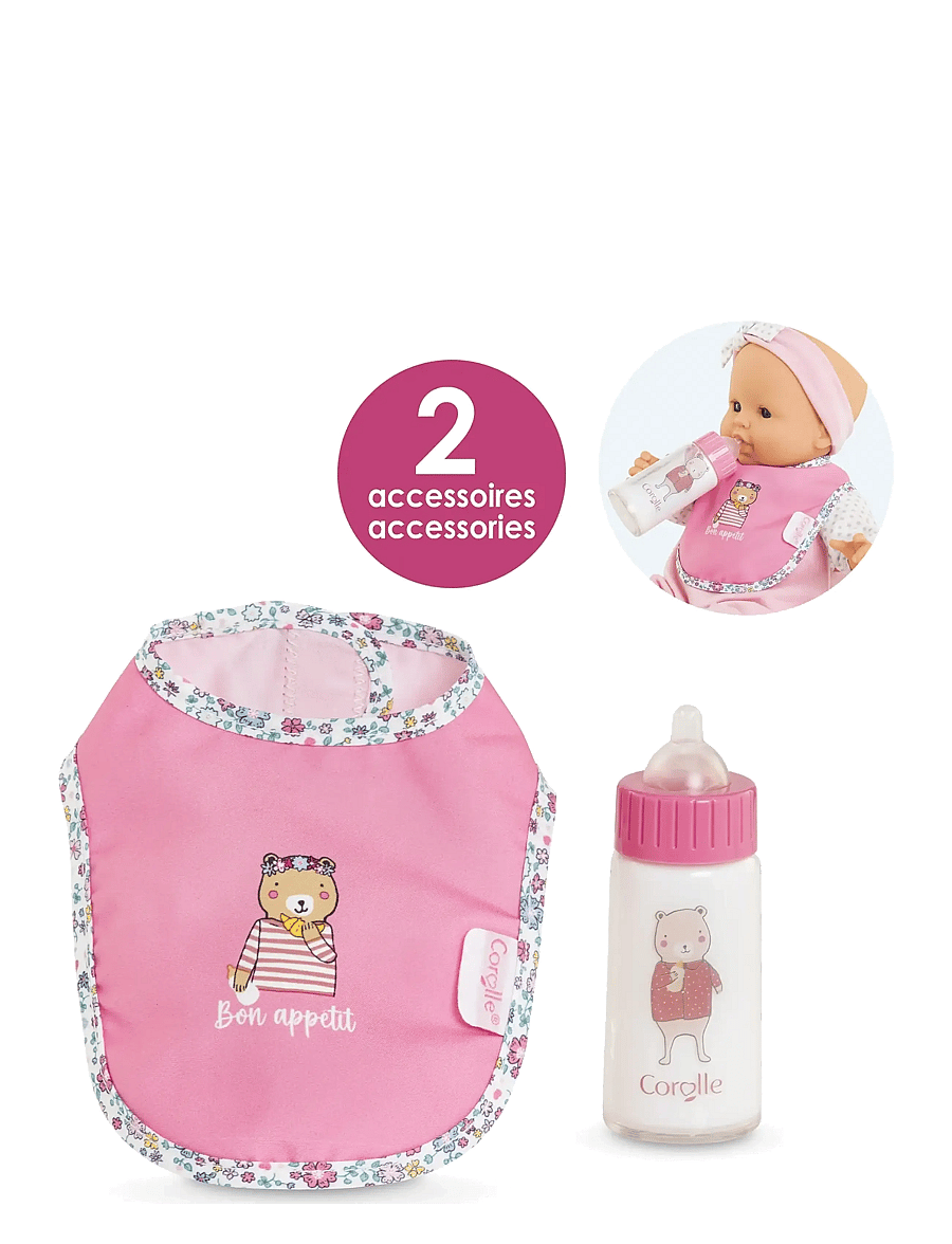 Corolle - Corolle Doll Accessories Bib + Baby Bottle - nukutarvikud - pink - 1