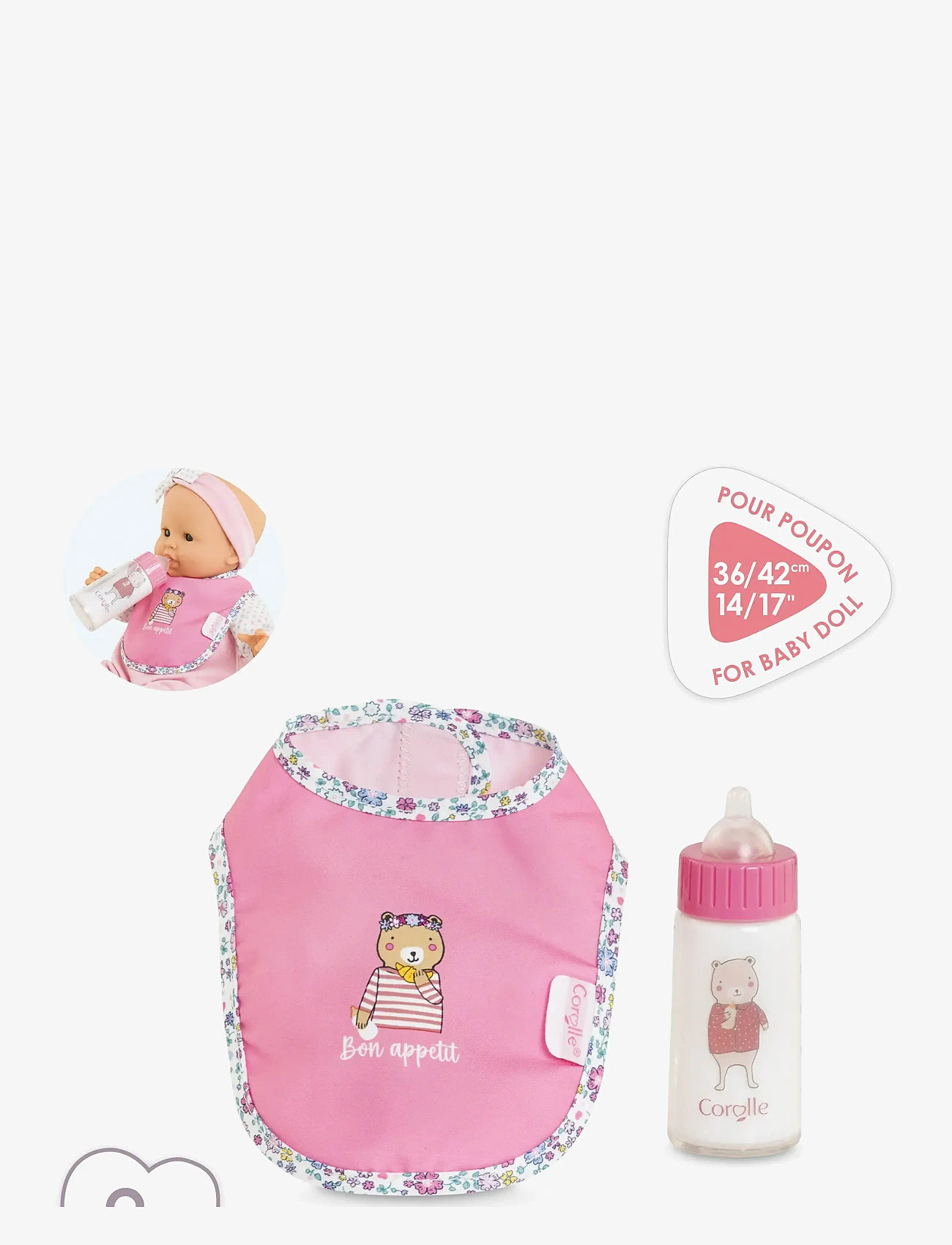 Corolle - Corolle Doll Accessories Bib + Baby Bottle - dukketilbehør - pink - 5