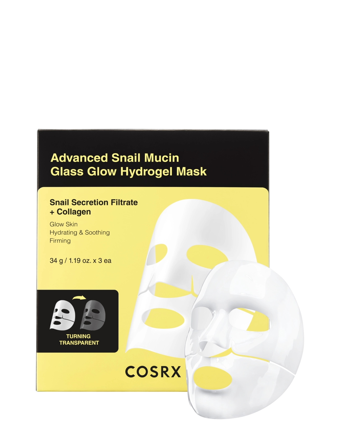 COSRX Advanced Snail Mucin Glass Glow Hydrogel Mask 34 G X 3 Ea, Sheetmaske, Nude, Str: 3 PCS