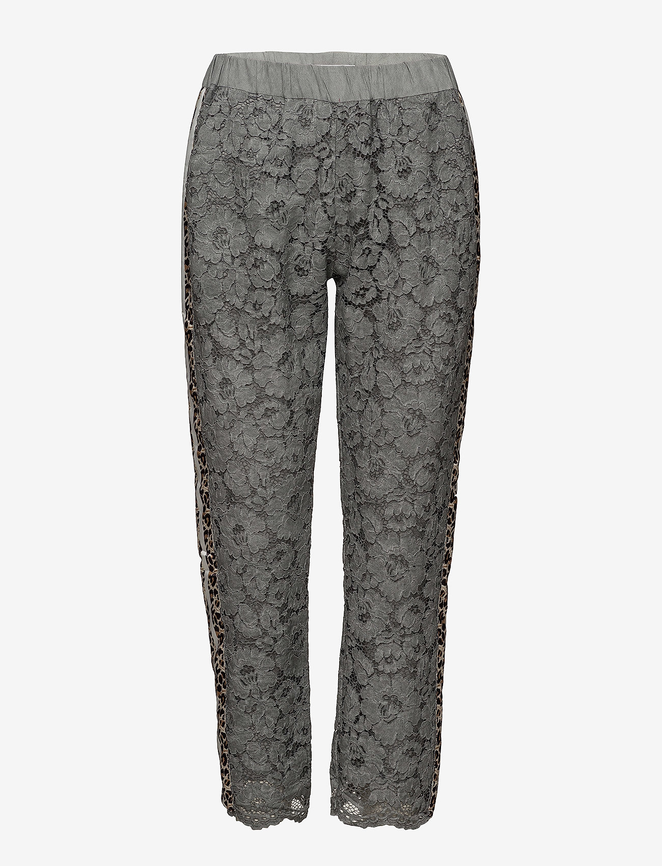 Coster Copenhagen - Pants w. lace and leopard stribe - straight leg trousers - steel blue - 0