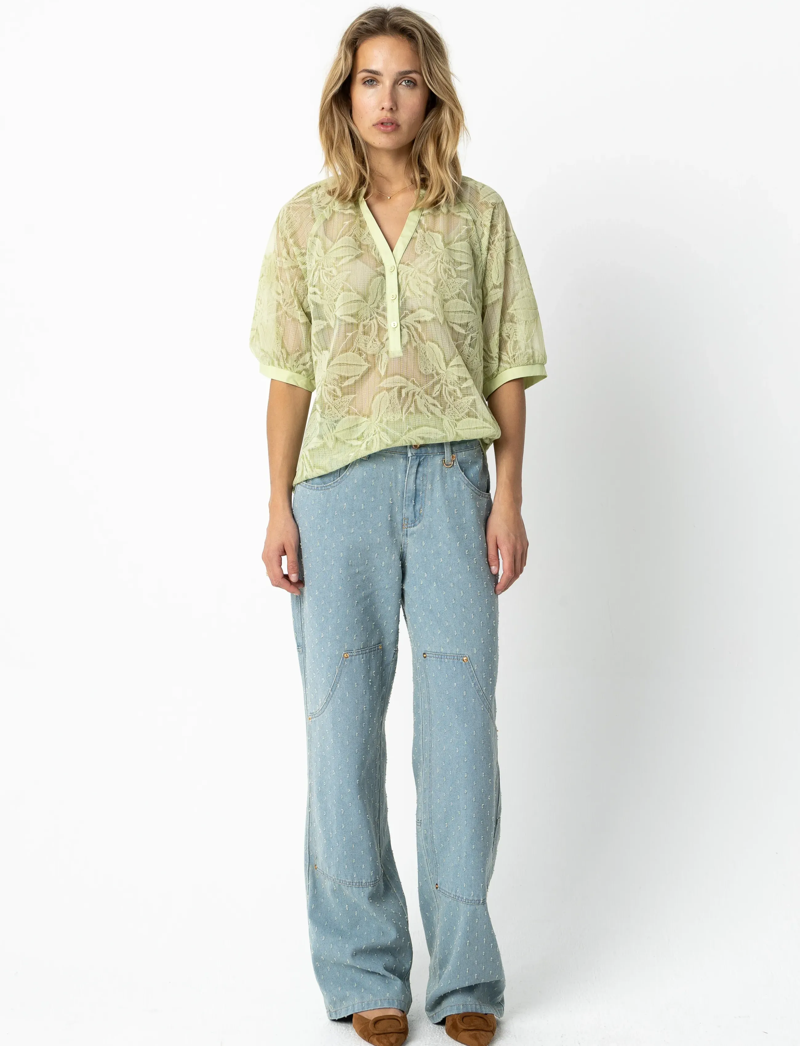 Coster Copenhagen Transparent Shirt With Flowers, 34, Blouses, Grün - Short-sleeved, Frauen