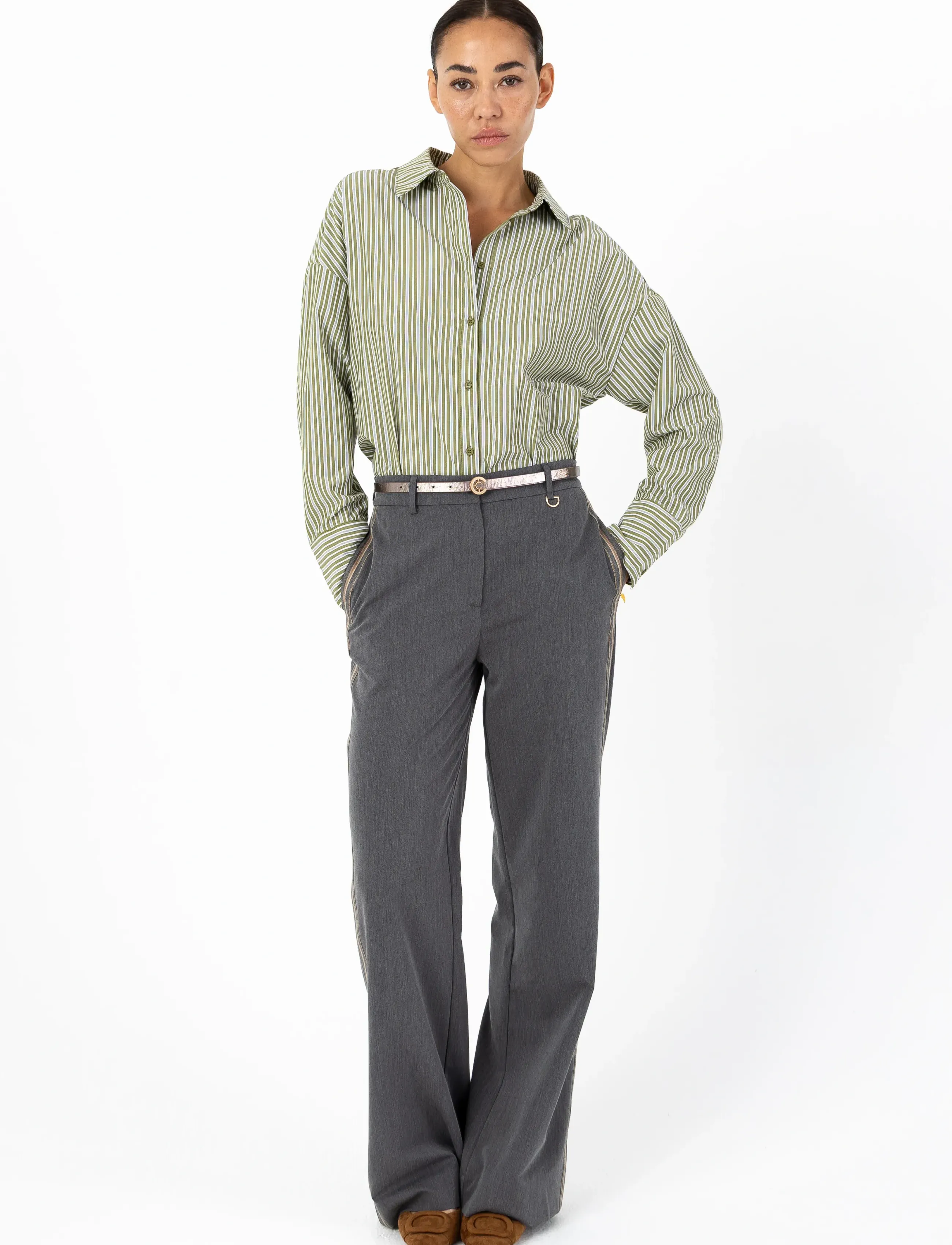 Coster Copenhagen Loose stribet shirt - Shirts - GREEN STRIPE / khaki/green