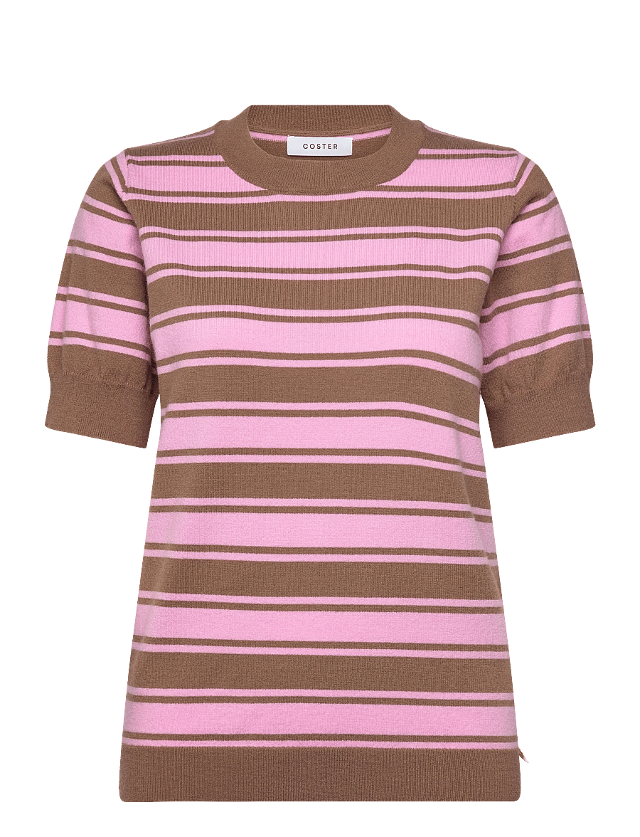 Coster Copenhagen - Blouse in jaquard knit - kurzärmelige blusen - mocca / light pink stripes - 1