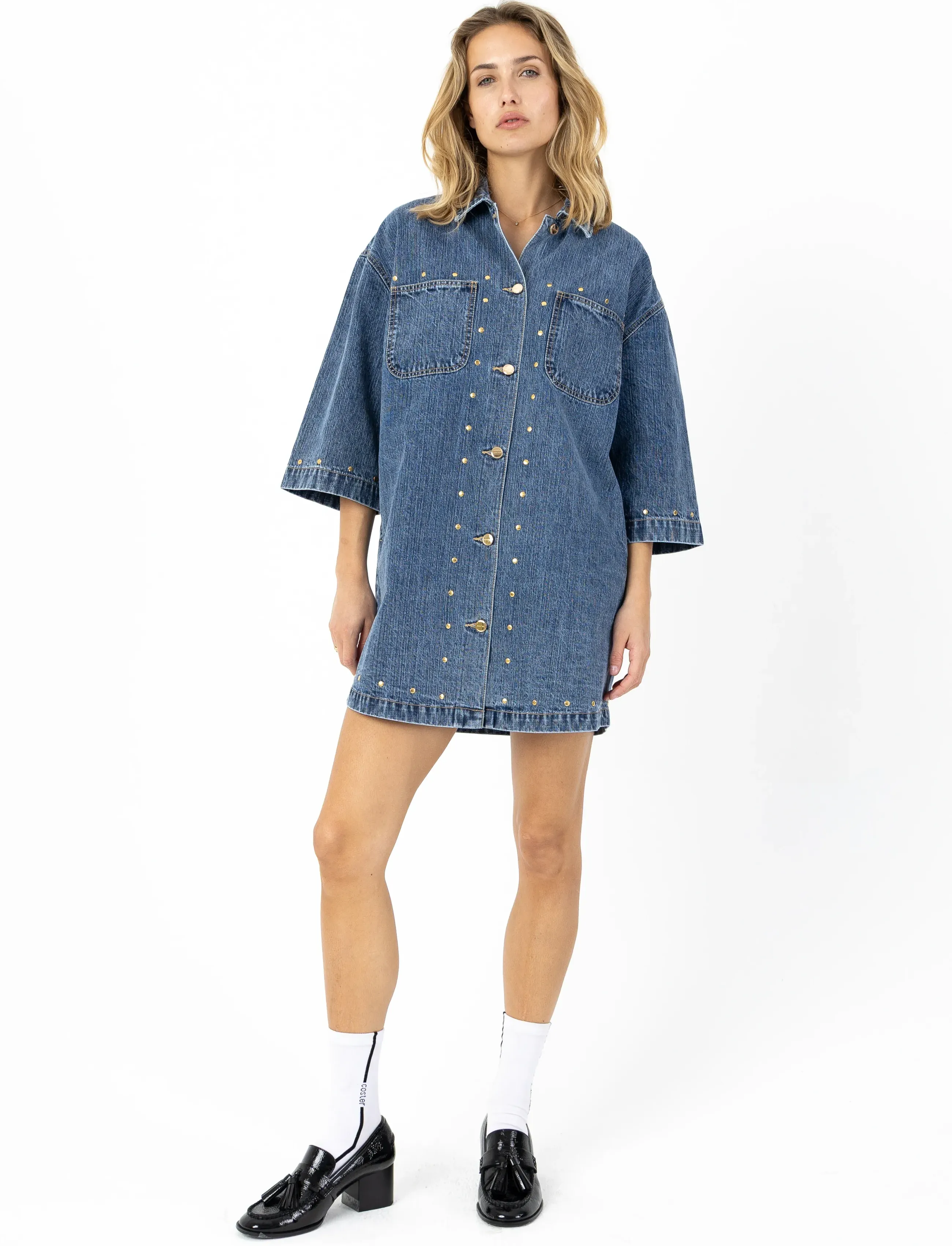 Coster Copenhagen Denim Tunika With Eyelets, Kvinder, Nittet Denim Tunika, Blå, Str: 34
