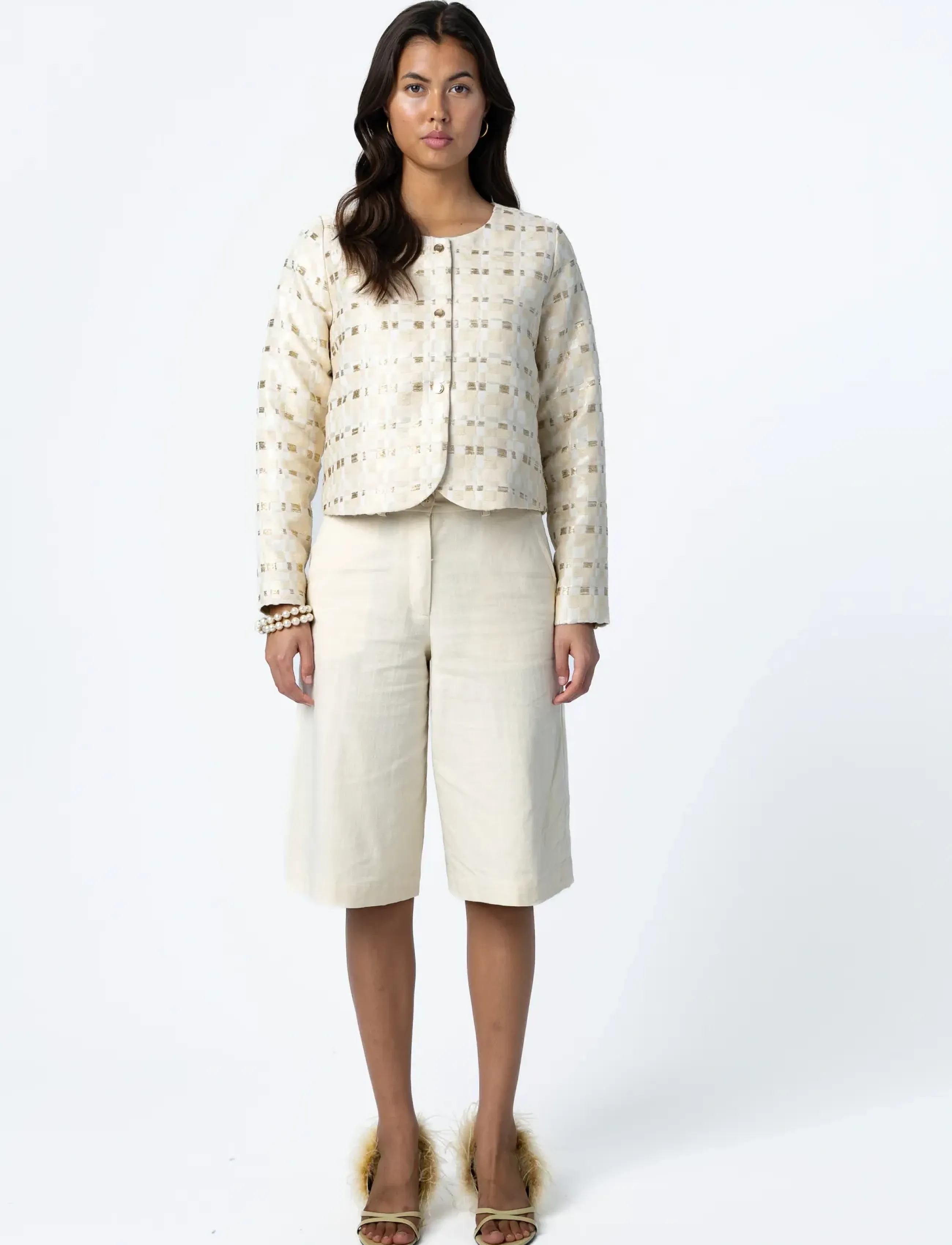 Coster Copenhagen Shimmer Jacquard Jacket, 42, Blazer, Beige - Cropped Frauen