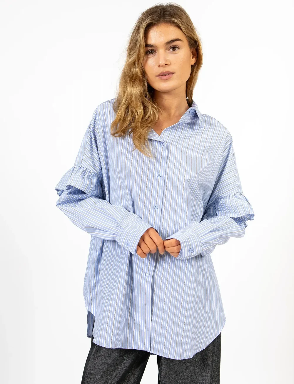 Coster Copenhagen - CC Heart GIA stripe frill shirt - langärmlige hemden - blue stripes - 3