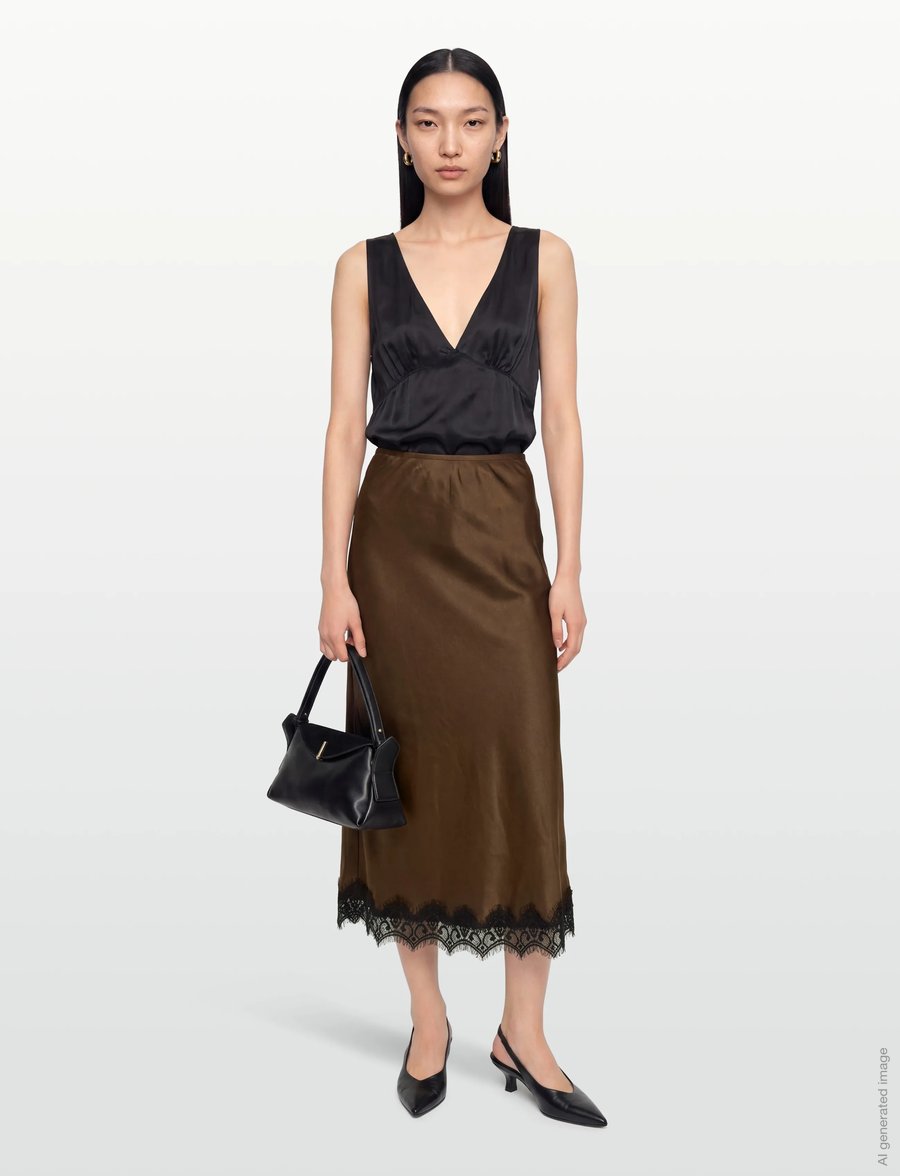 Coster Copenhagen - Skirt with lace detail - satinröcke - dark brown - 0