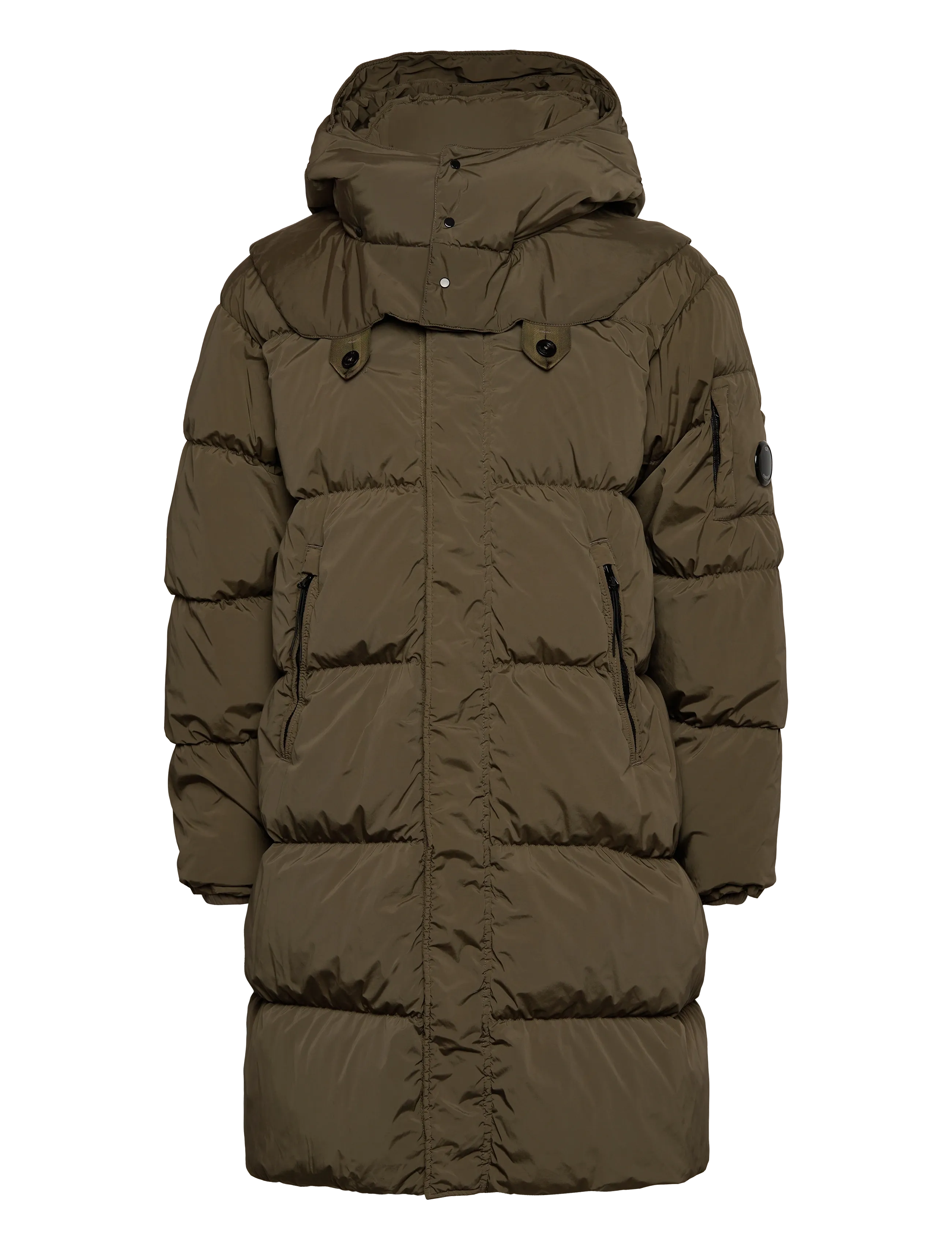 C.P. Company Nycra-R Buttoned Hood Long Down Jacket, Mænd, Lang Hætte Dunjakke, Kakigrøn, Str: L