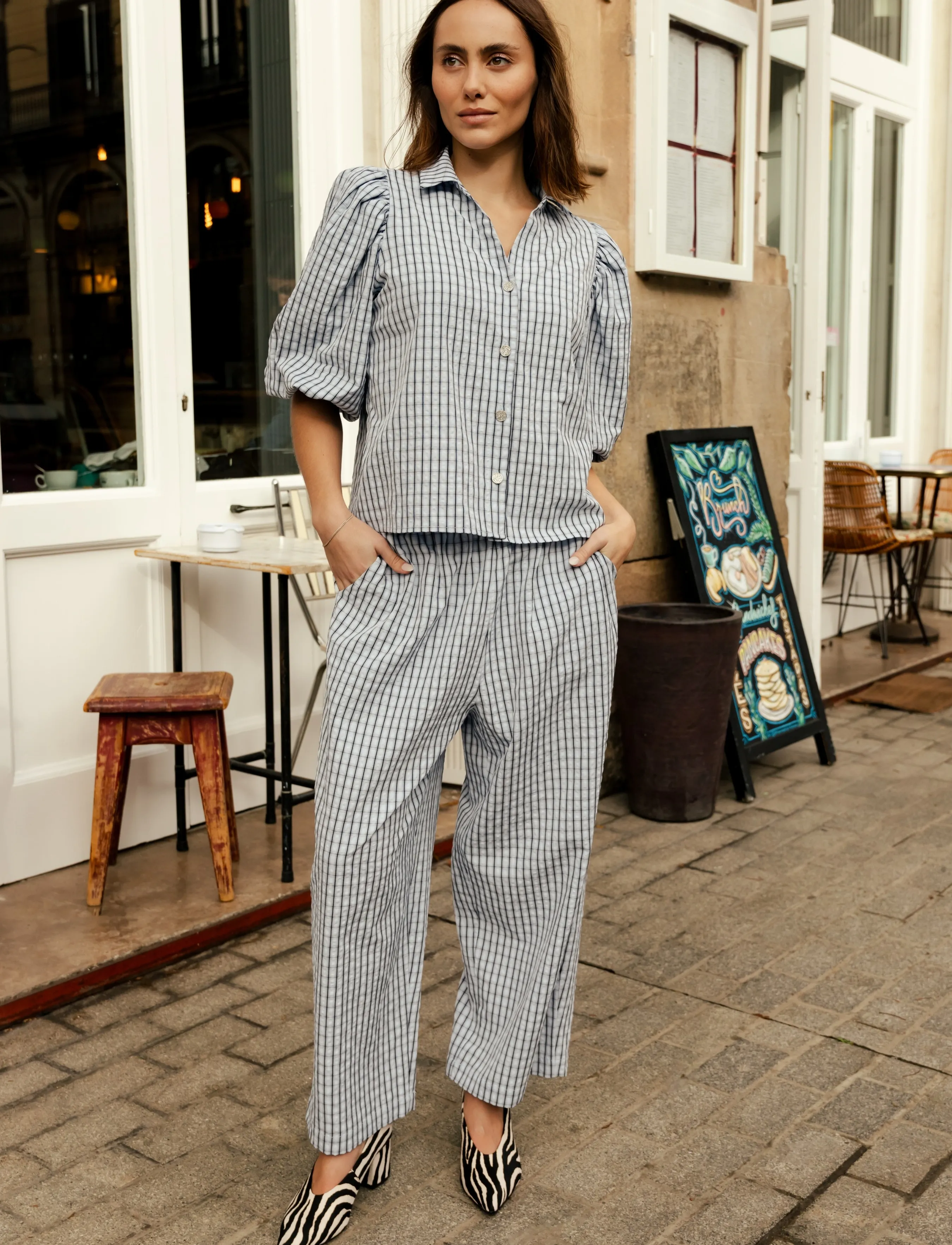crās - Flowercras Pants - buxur með víðum skálmum - blue check - 4