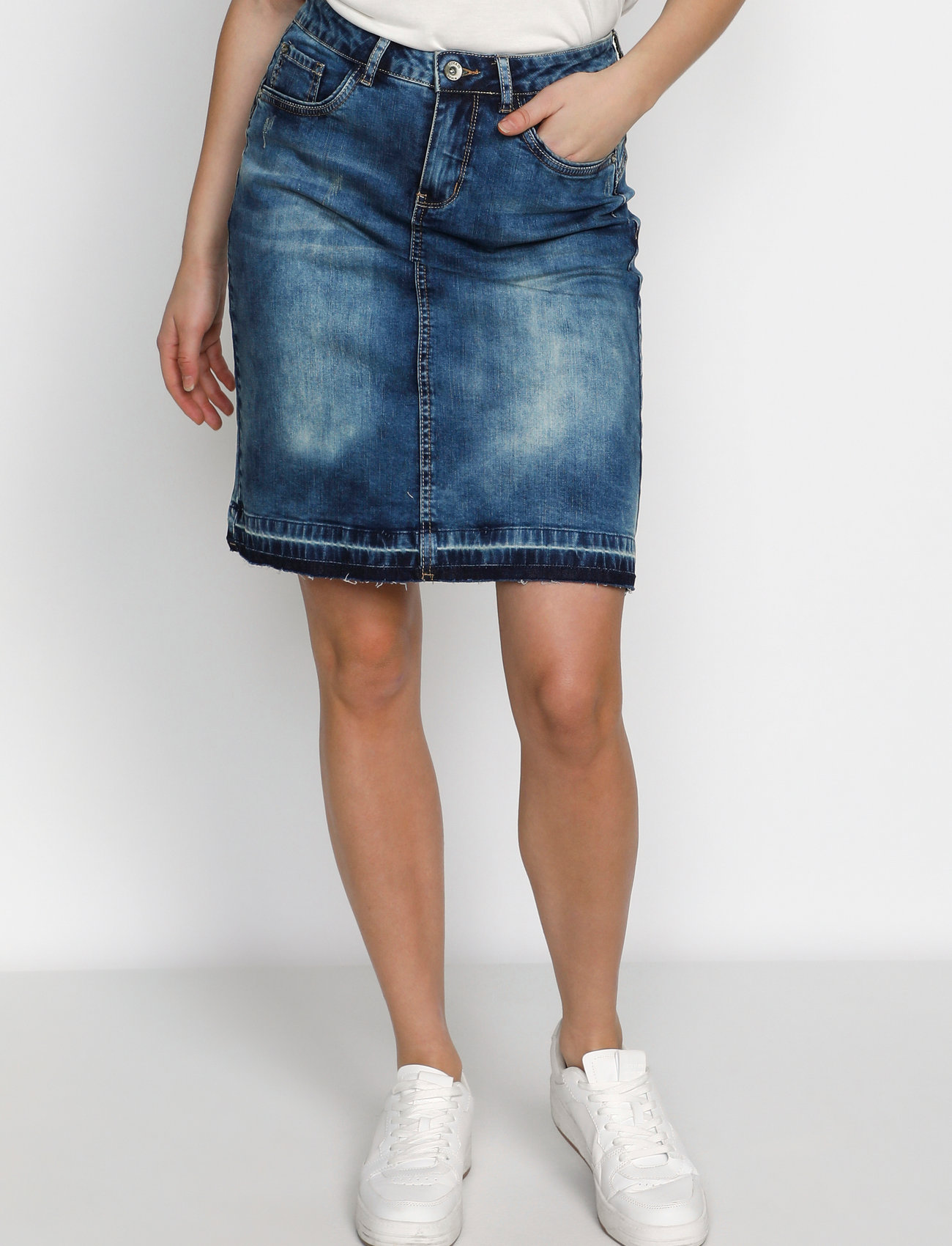 Cream Patched Denim Skirt - Blue - 34