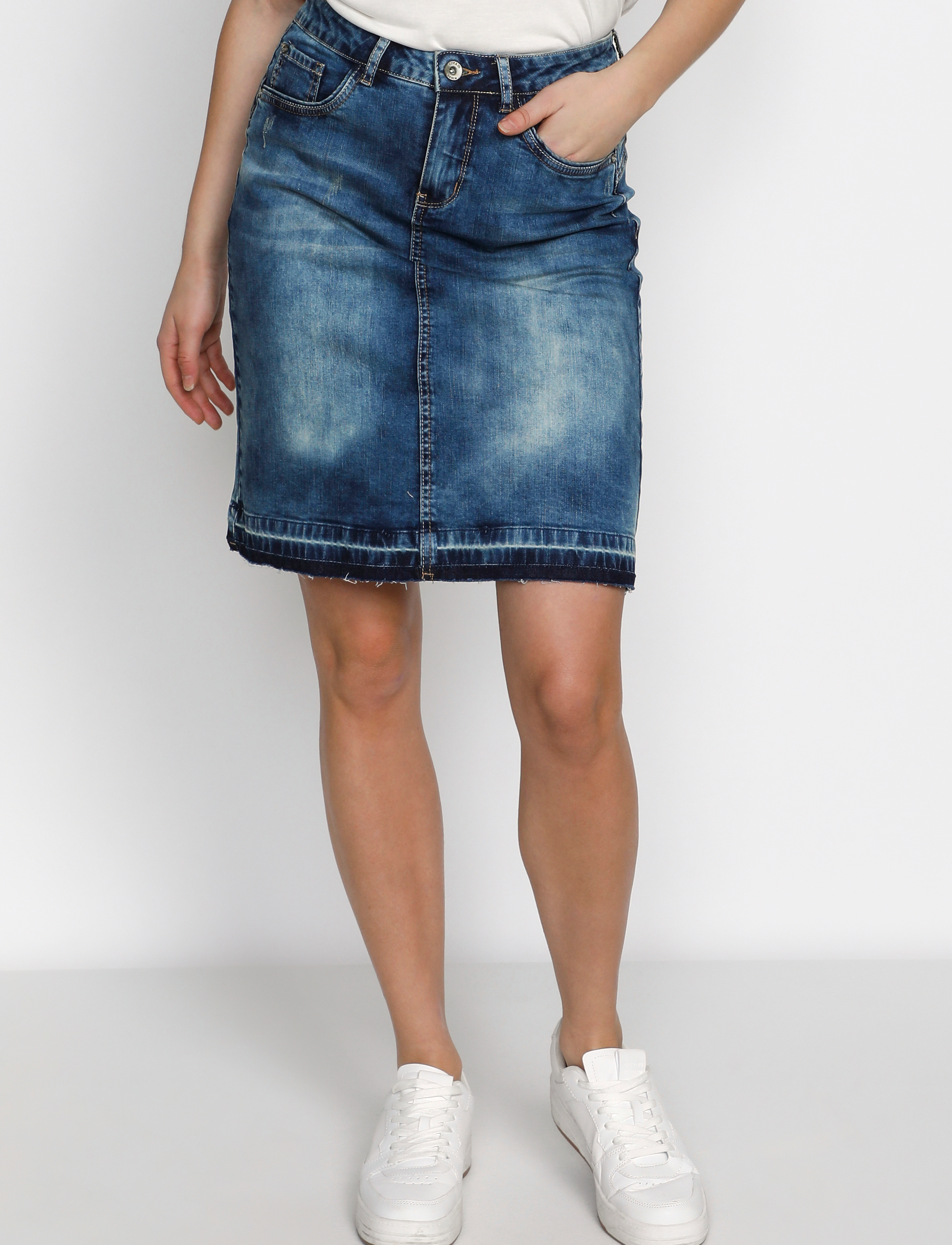 Cream Patched Denim Skirt, Kvinder, Lappet Denim Nederdel, Blå, Str: 42