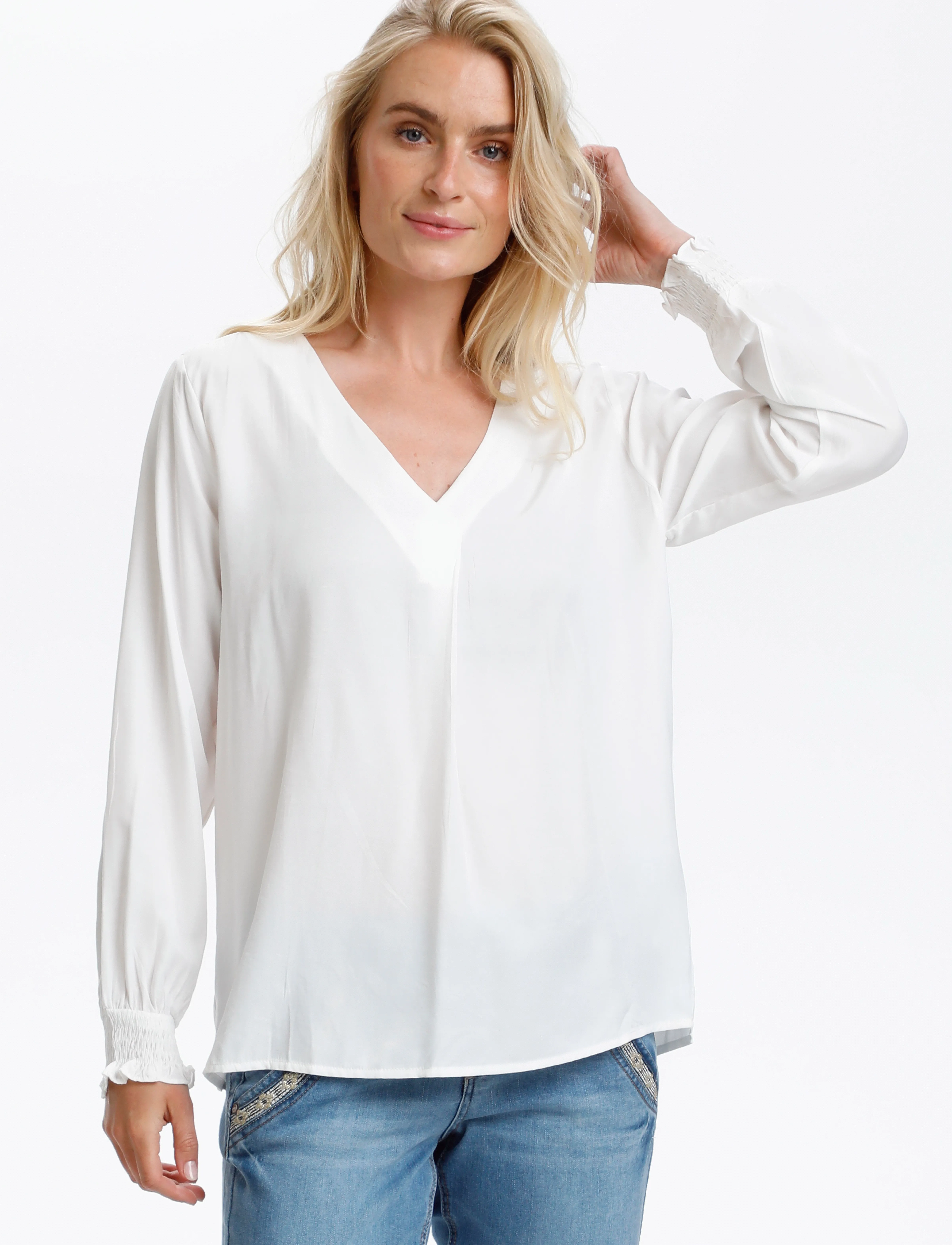 Cream Fengcr Blouse, Kvinder, Langærmet V-Hals Bluse, Hvid, Str: 36