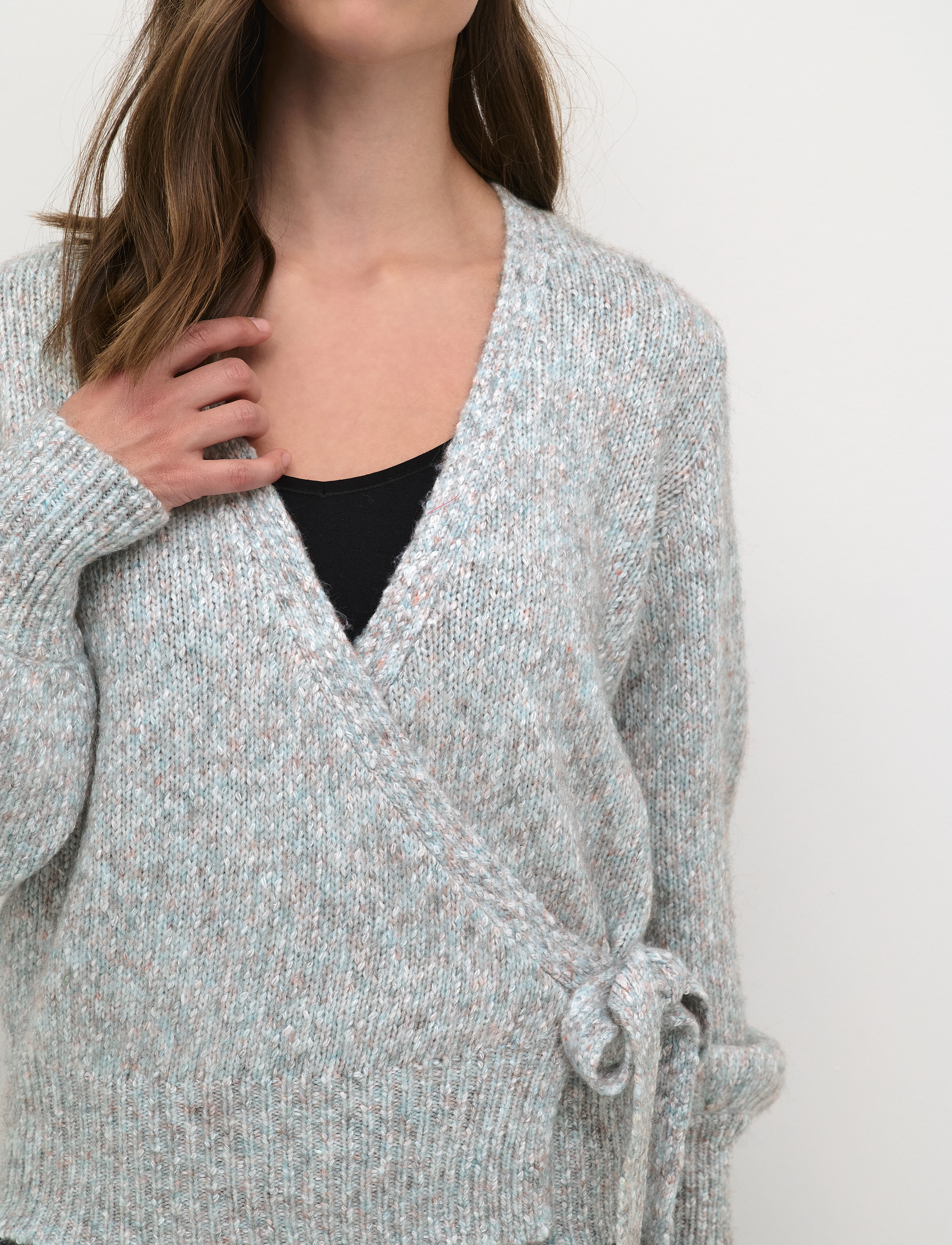 Cream - KiaraCR Knit Wrap Blouse - tile blue melange - 4