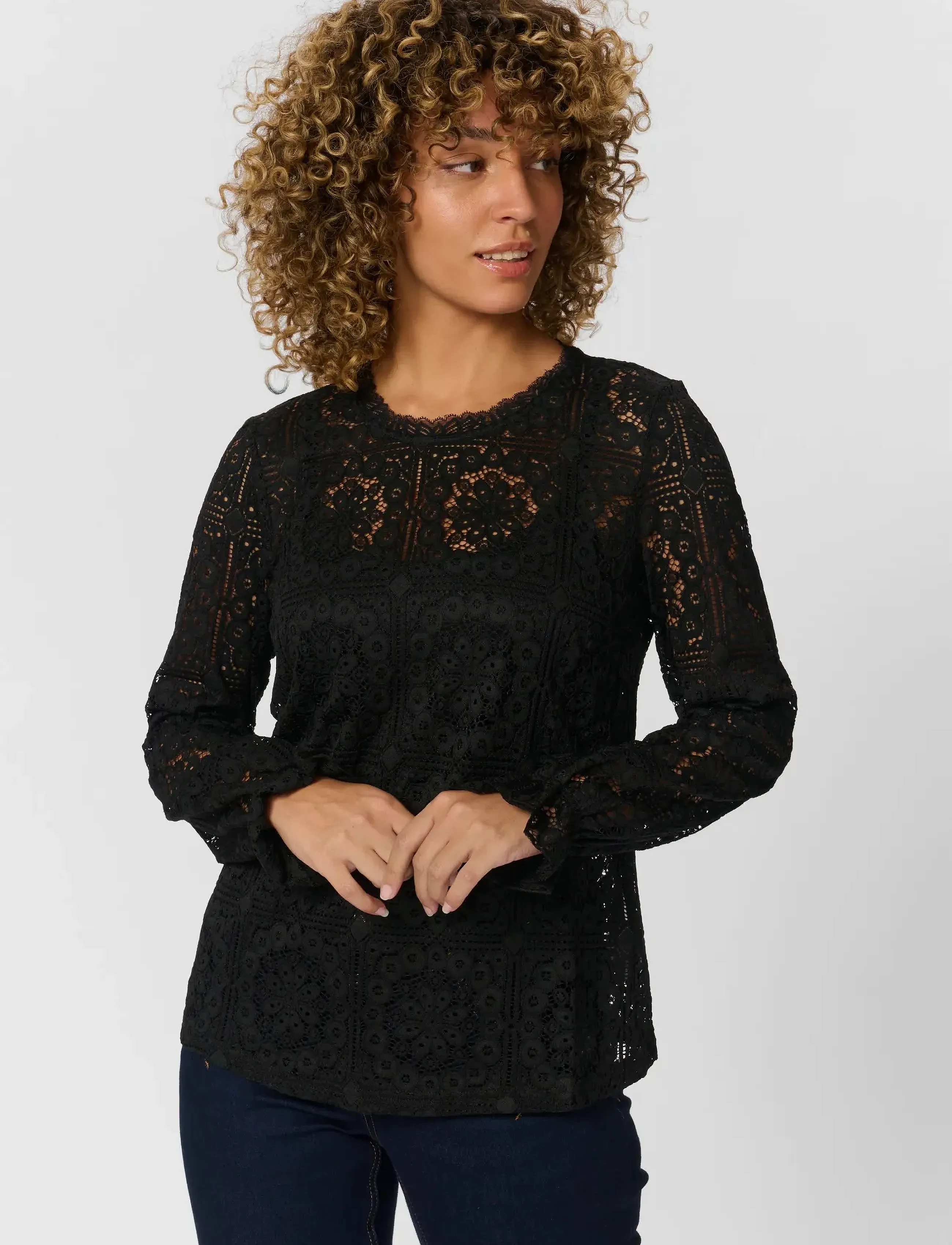 Cream Crtiley Lace Blouse, Kvinder, Langærmet Blondebluse, Sort, Str: 36