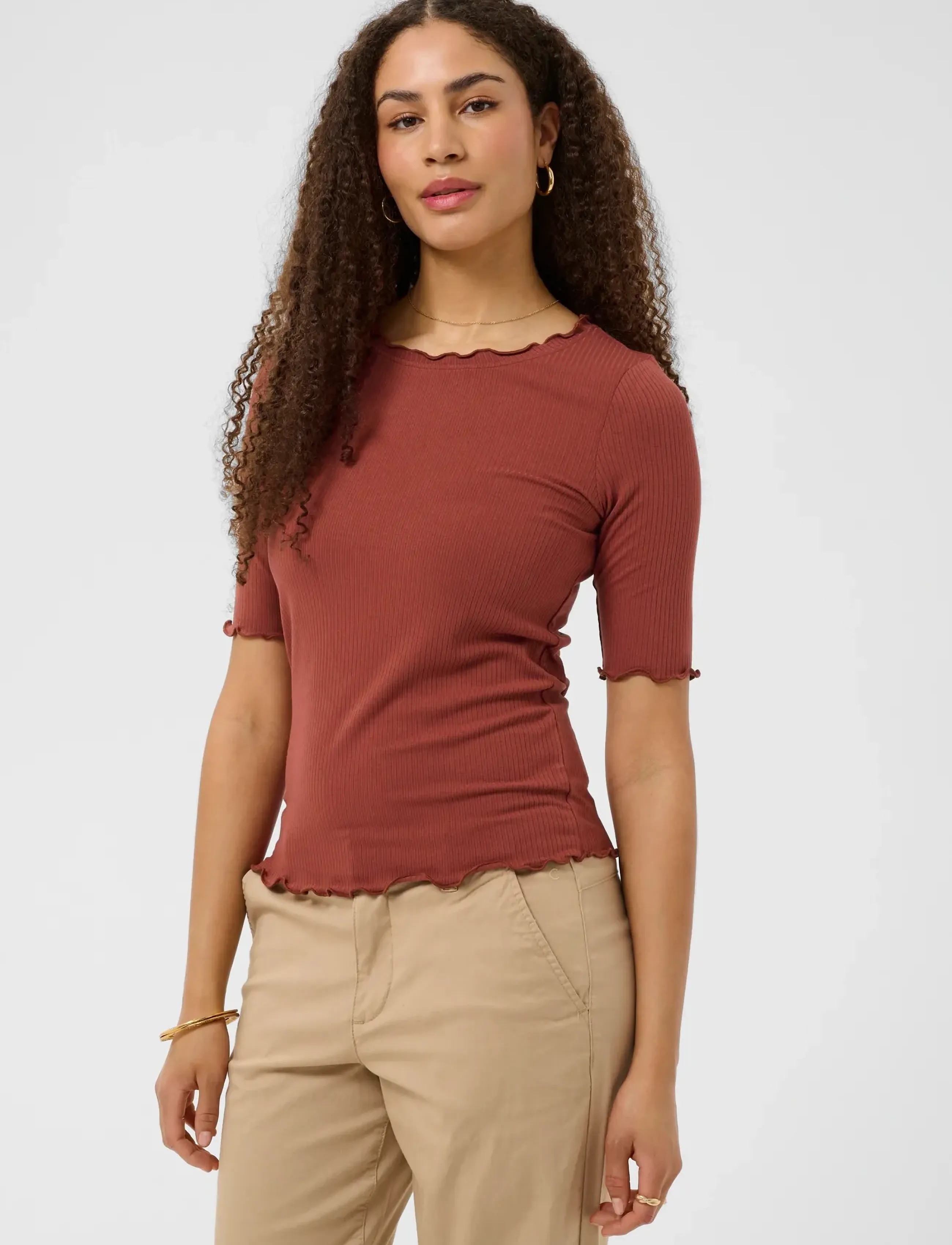 Cream Crribba S/S Blouse, Kvinder, Flæsekantet Ribstrikket Kortærmet Bluse, Bordeaux, Str: L