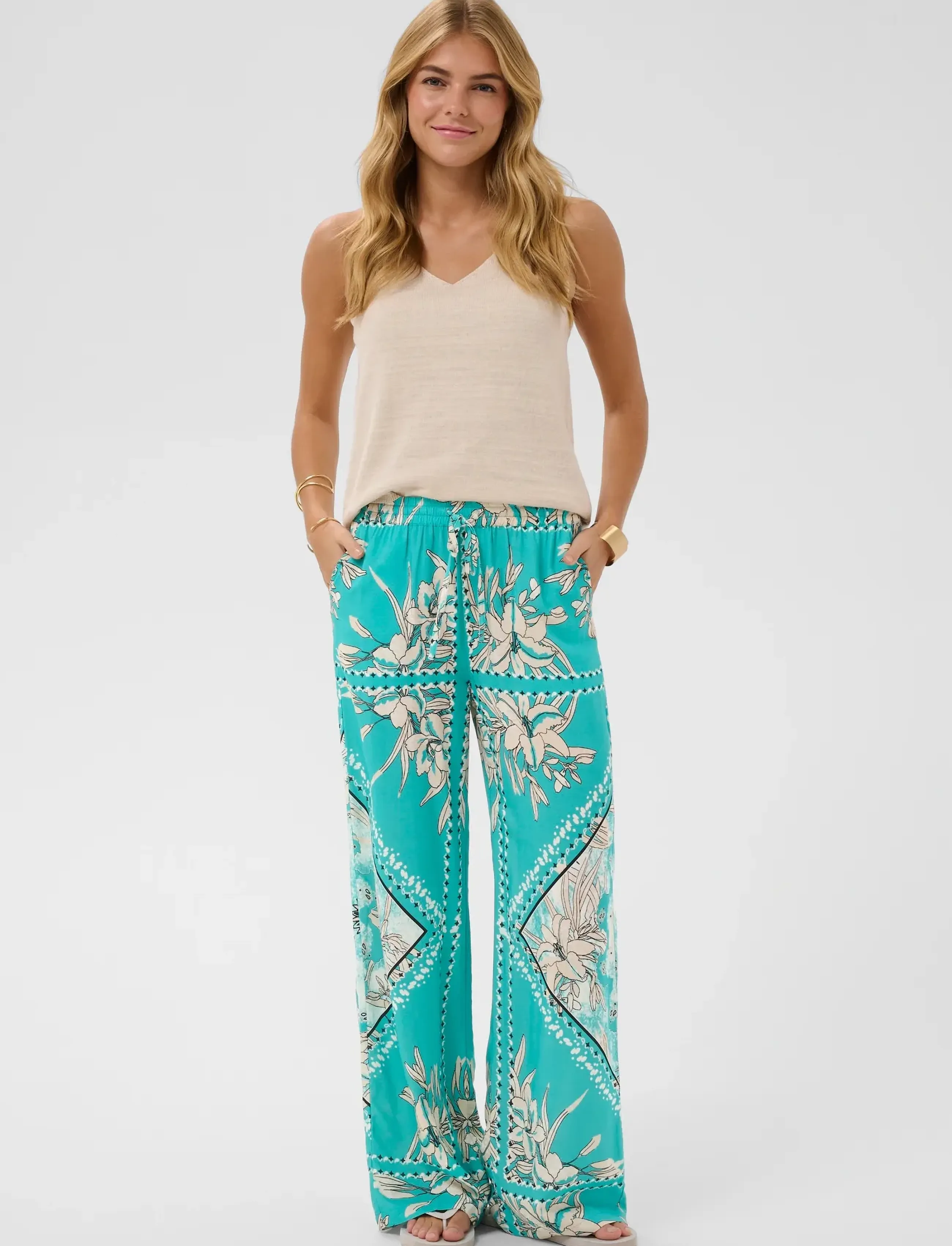 Cream CRTiah Pant - Hosen - CERAMIC SCARF PRINT / blue