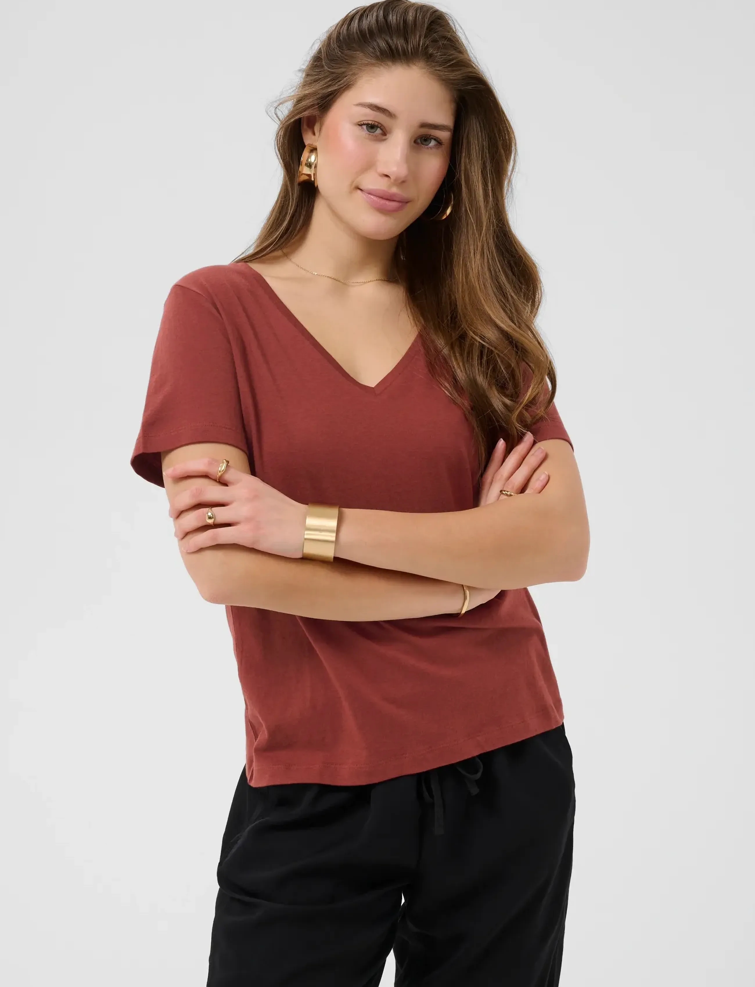 Cream Crnaia Deep V-Neck T-Shirt, S, T-shirts & Oberteile, Burgunderrot - Short-sleeved, Frauen