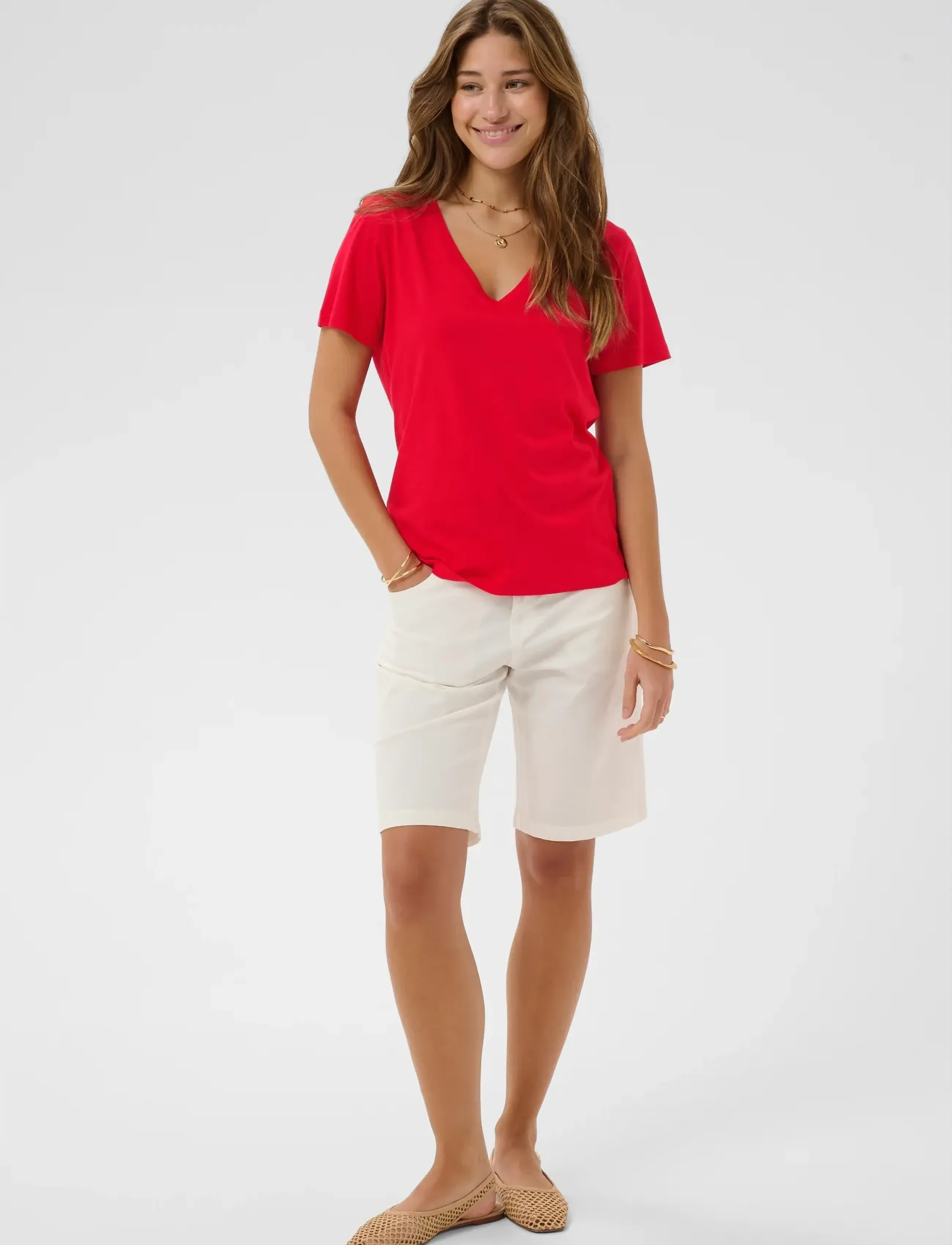 Cream - CRNaia Deep V-neck T-Shirt - t-shirts - high risk red - 3