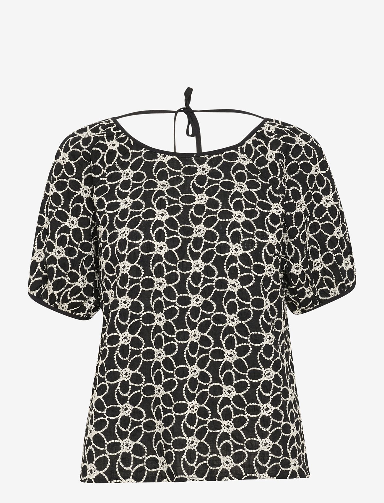 Cream - CRTulle Blouse - kurzämlige blusen - black w. white emb. flower - 1