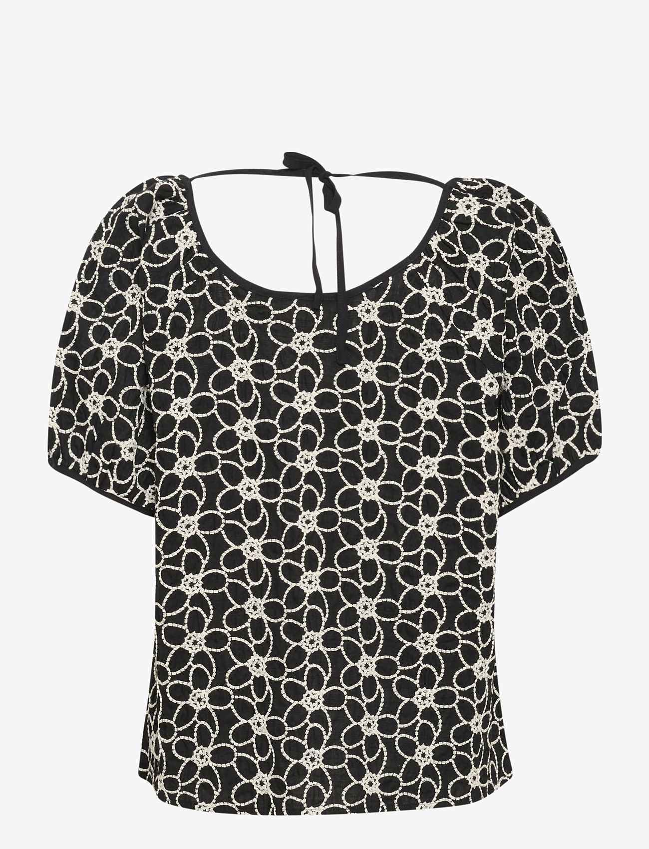 Cream - CRTulle Blouse - kurzämlige blusen - black w. white emb. flower - 2