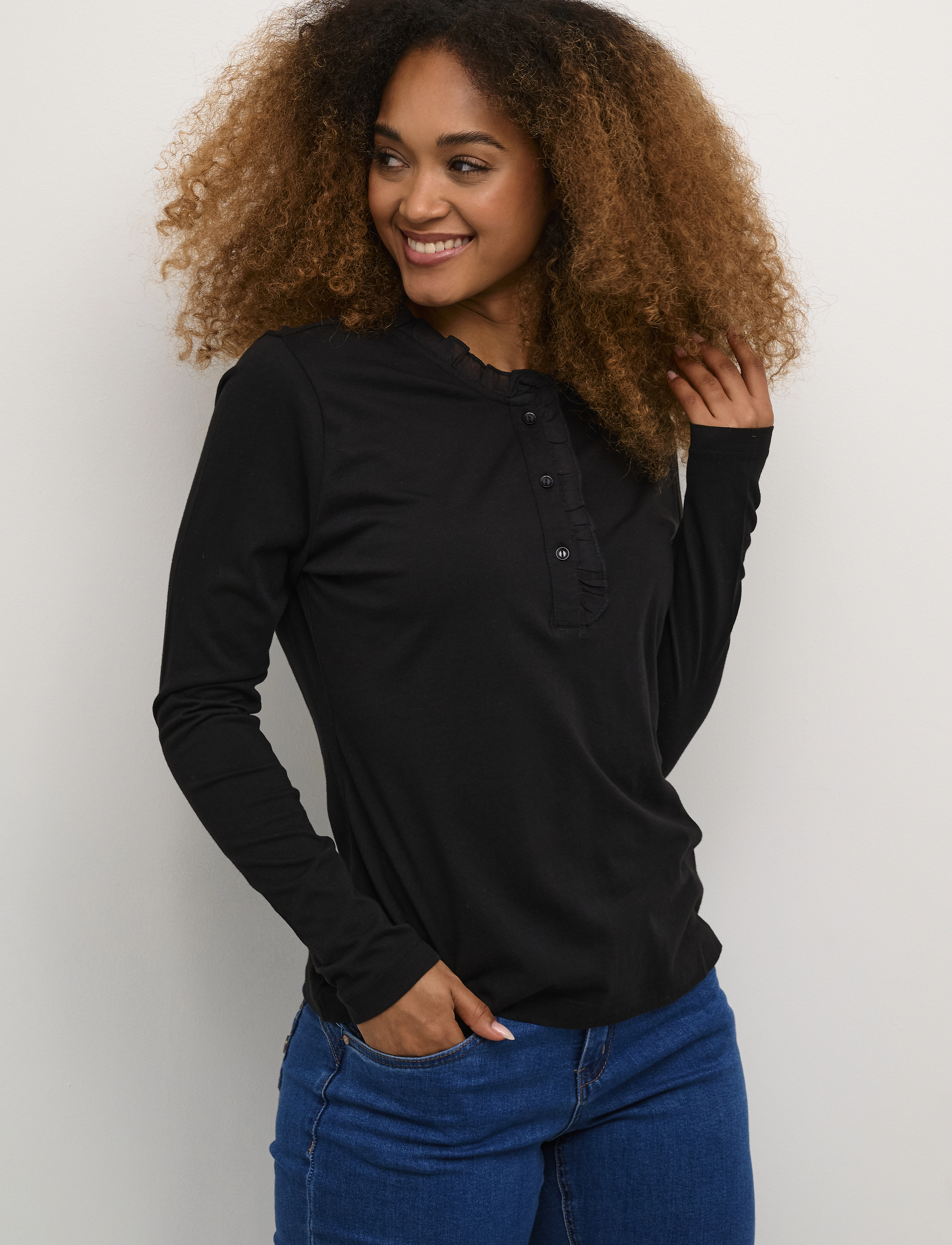 Cream Crnaia Flounce Blouse, Kvinder, Langærmet Flæsebluse, Sort, Str: XS