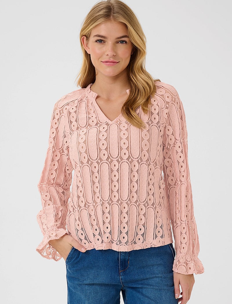 Cream - CRTully V-Neck Lace Blouse - langärmlige blusen - sepia rose - 0