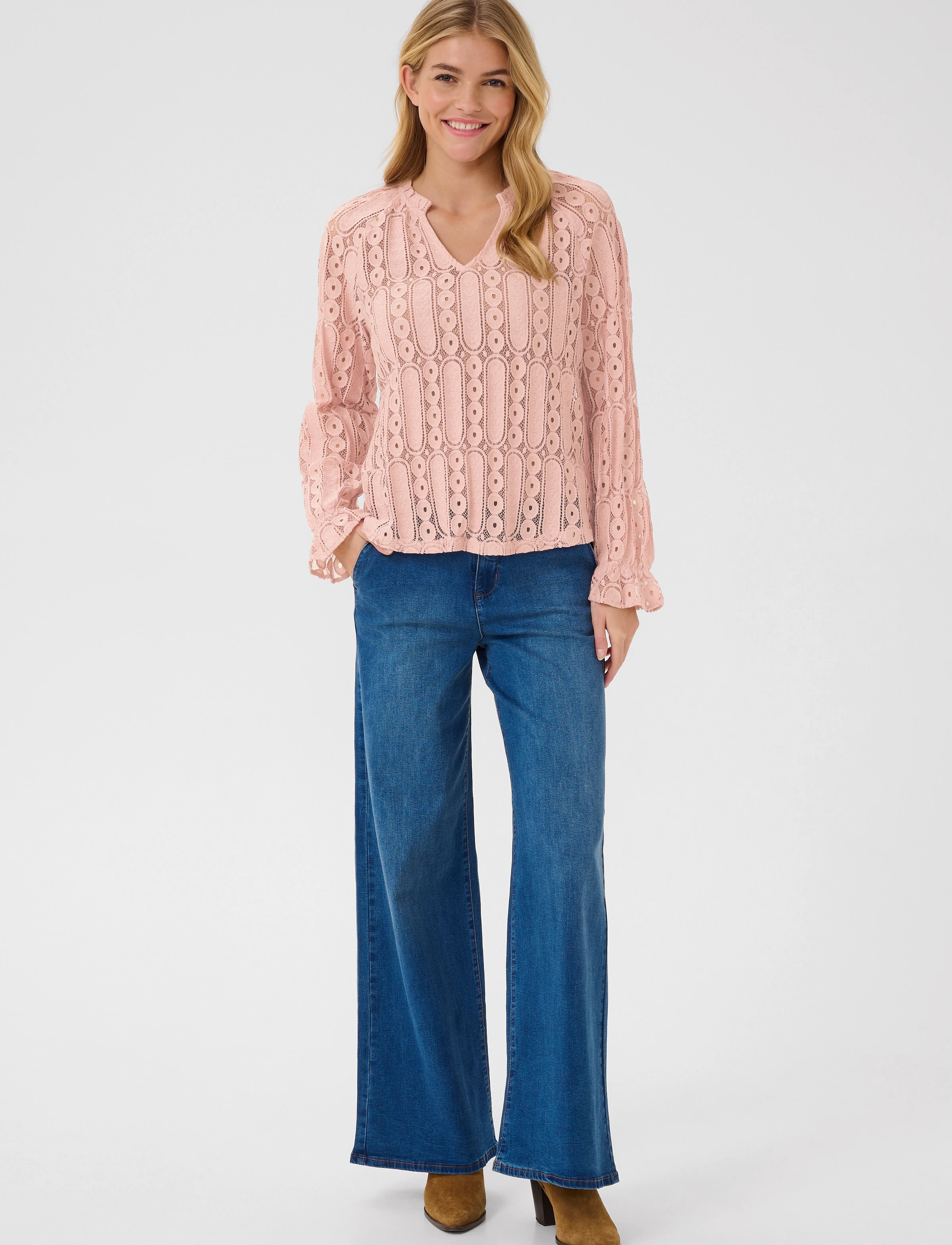 Cream - CRTully V-Neck Lace Blouse - pikkade varrukatega pluusid - sepia rose - 3