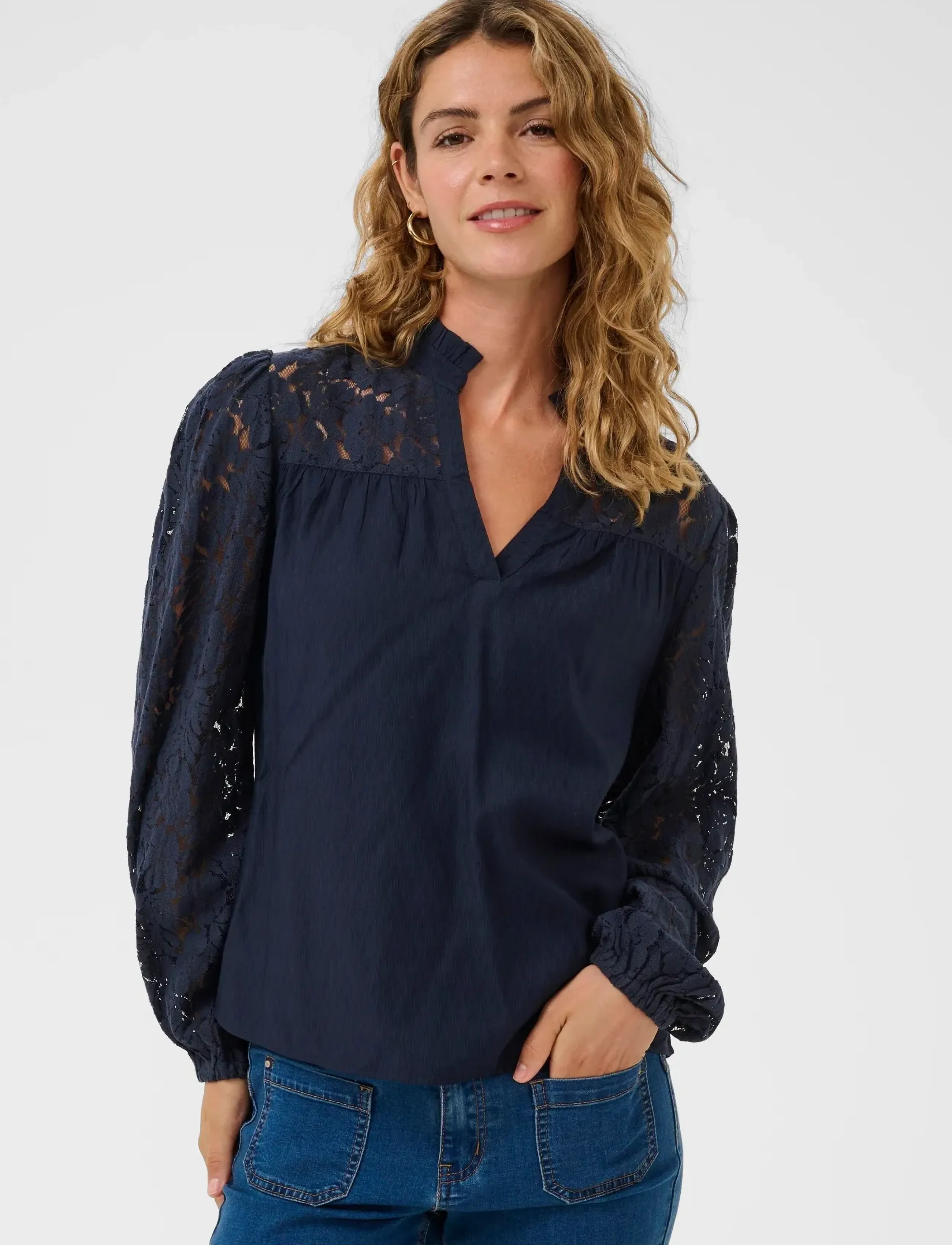 Cream Crliselin Lace Blouse, 40, Navy, Bluser > Langærmede, Dame