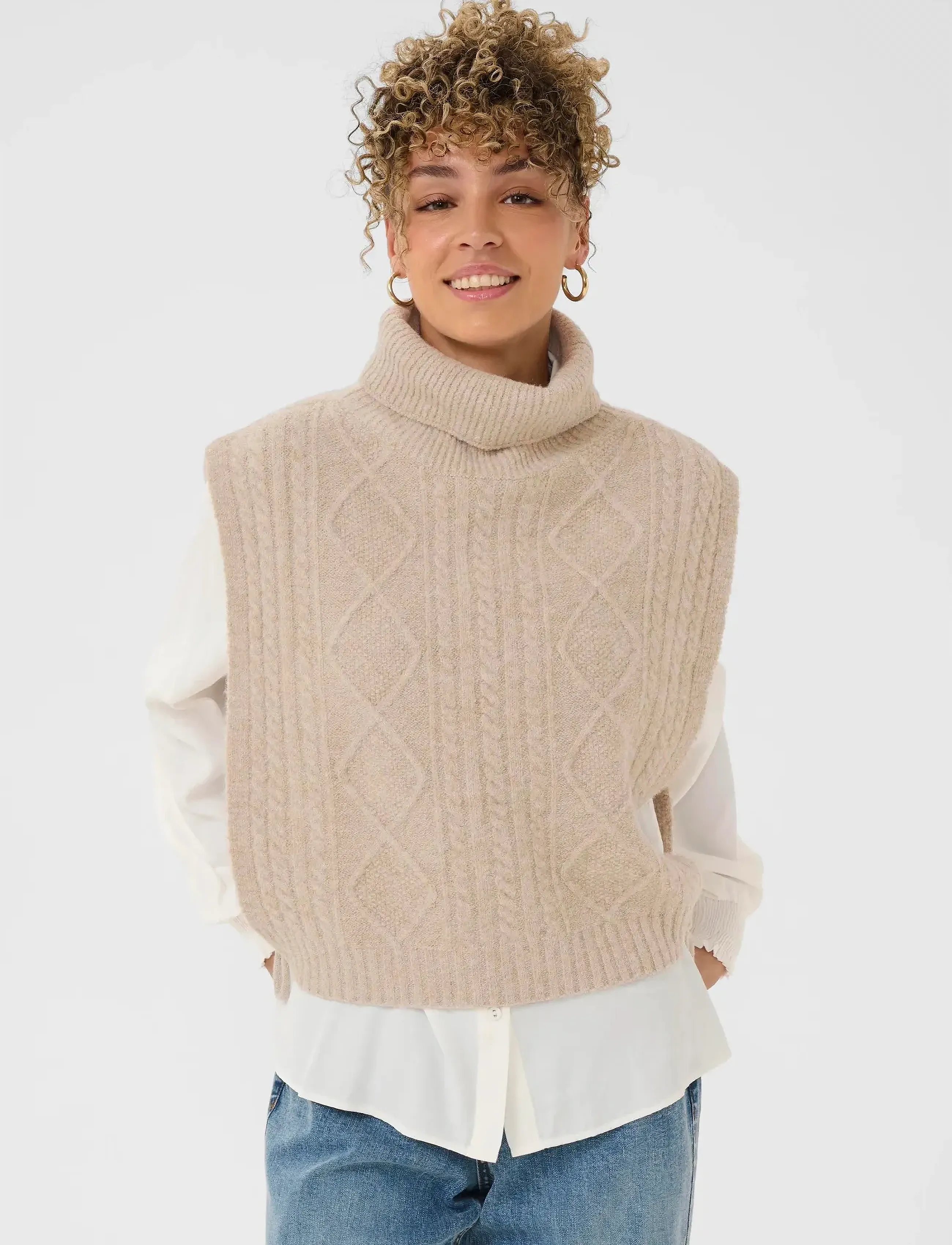 Cream Crfrina Knit Slipover, Kvinder, Rullekrave Kabelstrikket Slipover, Beige, Str: XL/XXL