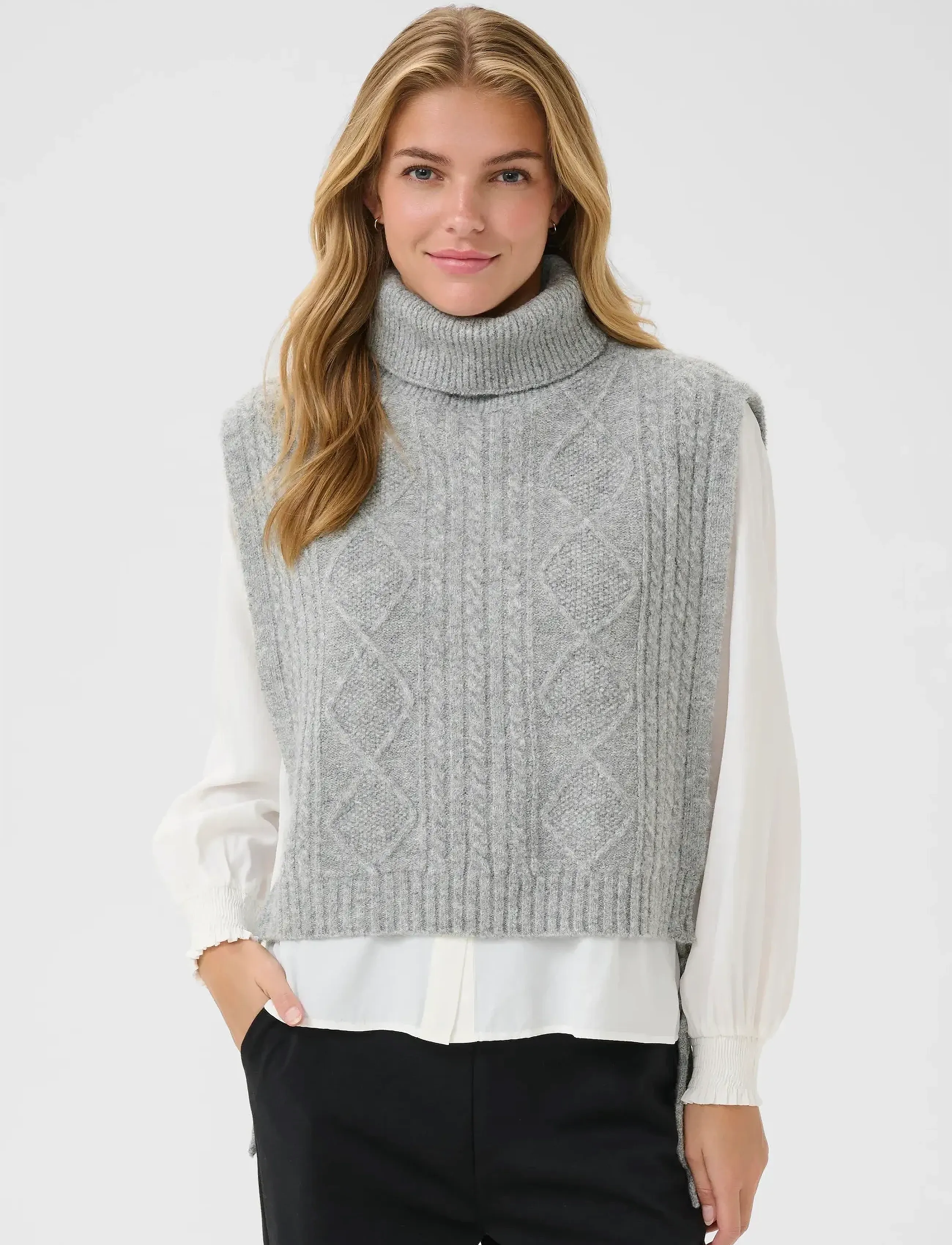 Cream Crfrina Knit Slipover, Kvinder, Rullekrave Kabelstrikket Slipover, Grå, Str: M/L