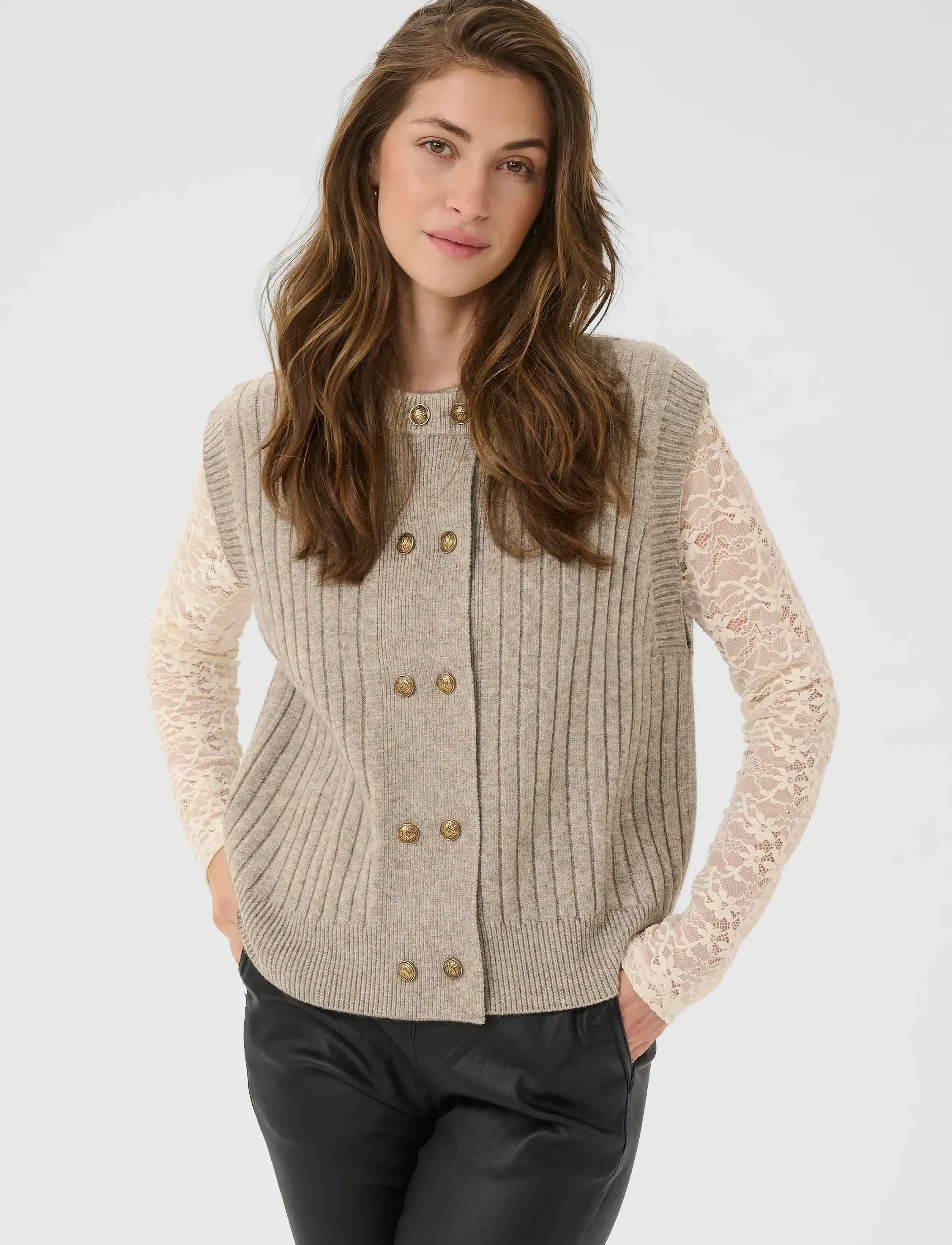 Cream Creroka Knit Slipover, Kvinder, Ribstrikket Slipover, Beige, Str: XL/XXL