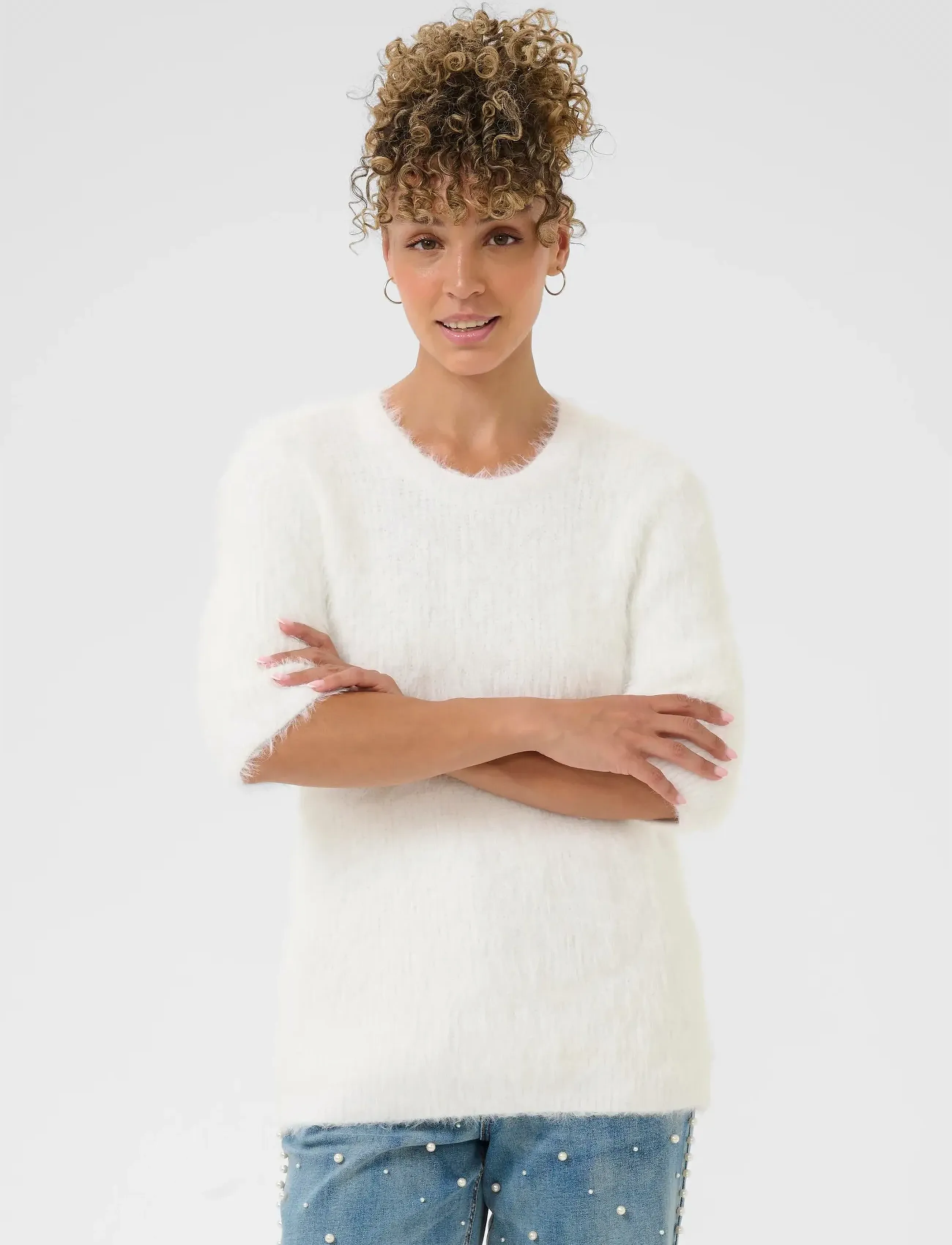 Cream Crlini Knit Pullover, Kvinder, Fluffy Kortærmet Strikket Pullover, Hvid, Str: XS
