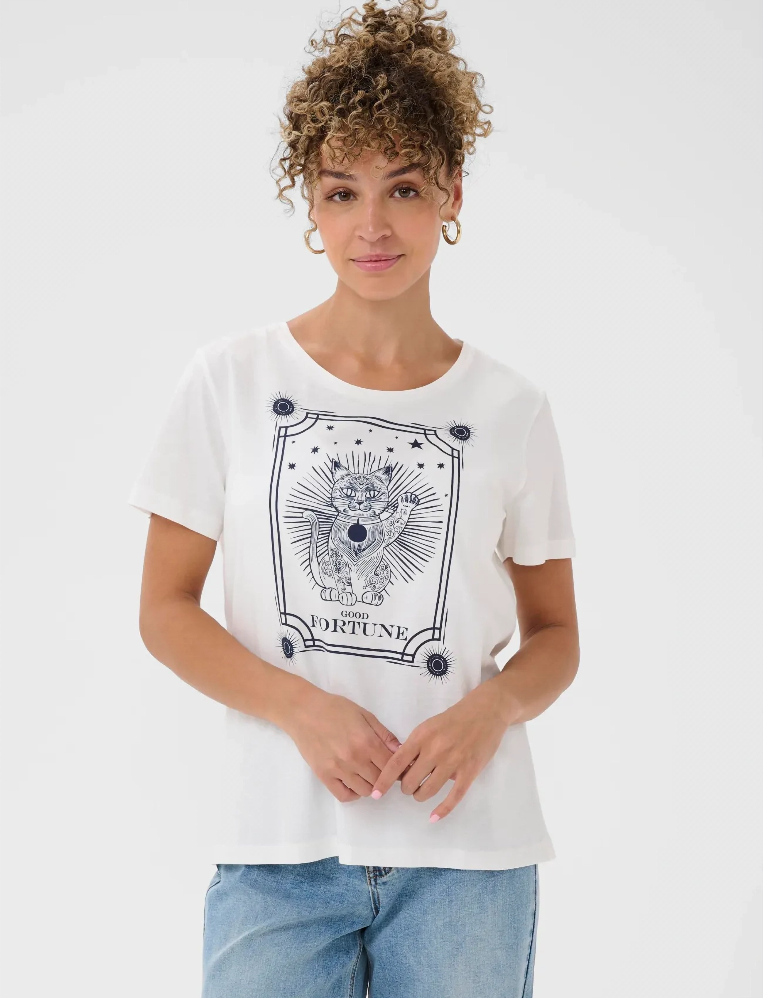 Cream CRNikita T-Shirt - T-shirts & Toppe - NAVY FORTUNE CAT / cream