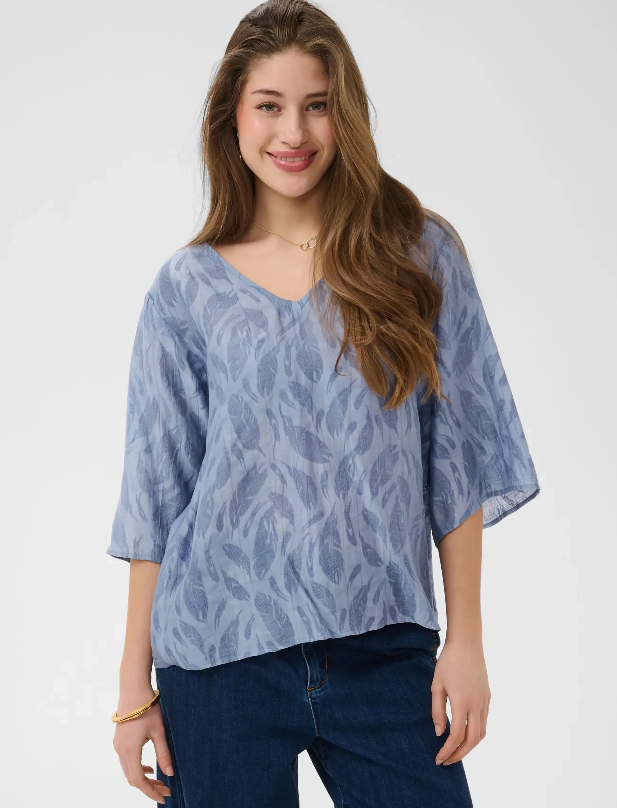 Cream Crloui Tshirt Blouse, Kvinder, Mønstret V-Hals Bluse, Blå, Str: 34