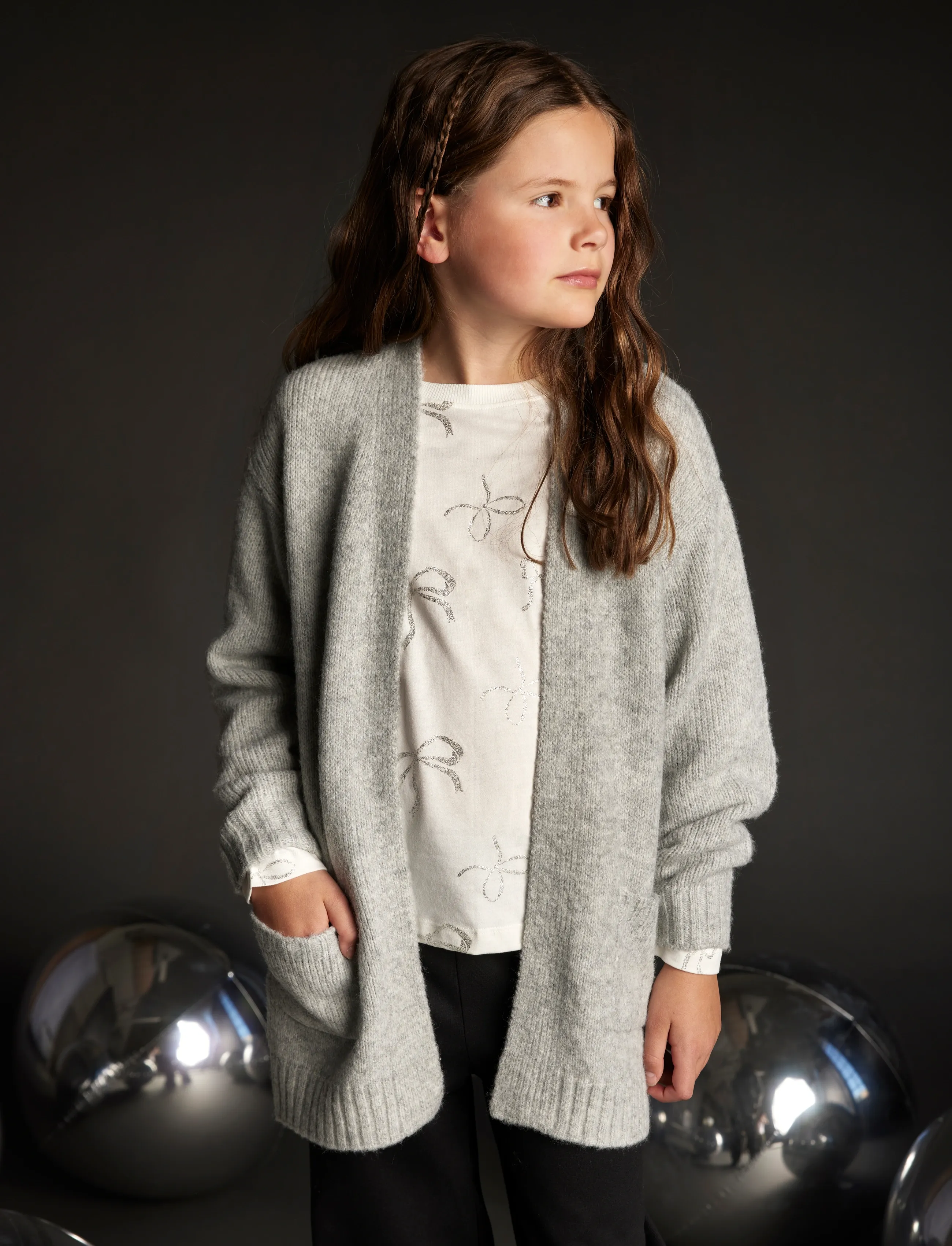 Creamie Cardigan Long, 110N, Grey, Strik > Cardigans, Børn