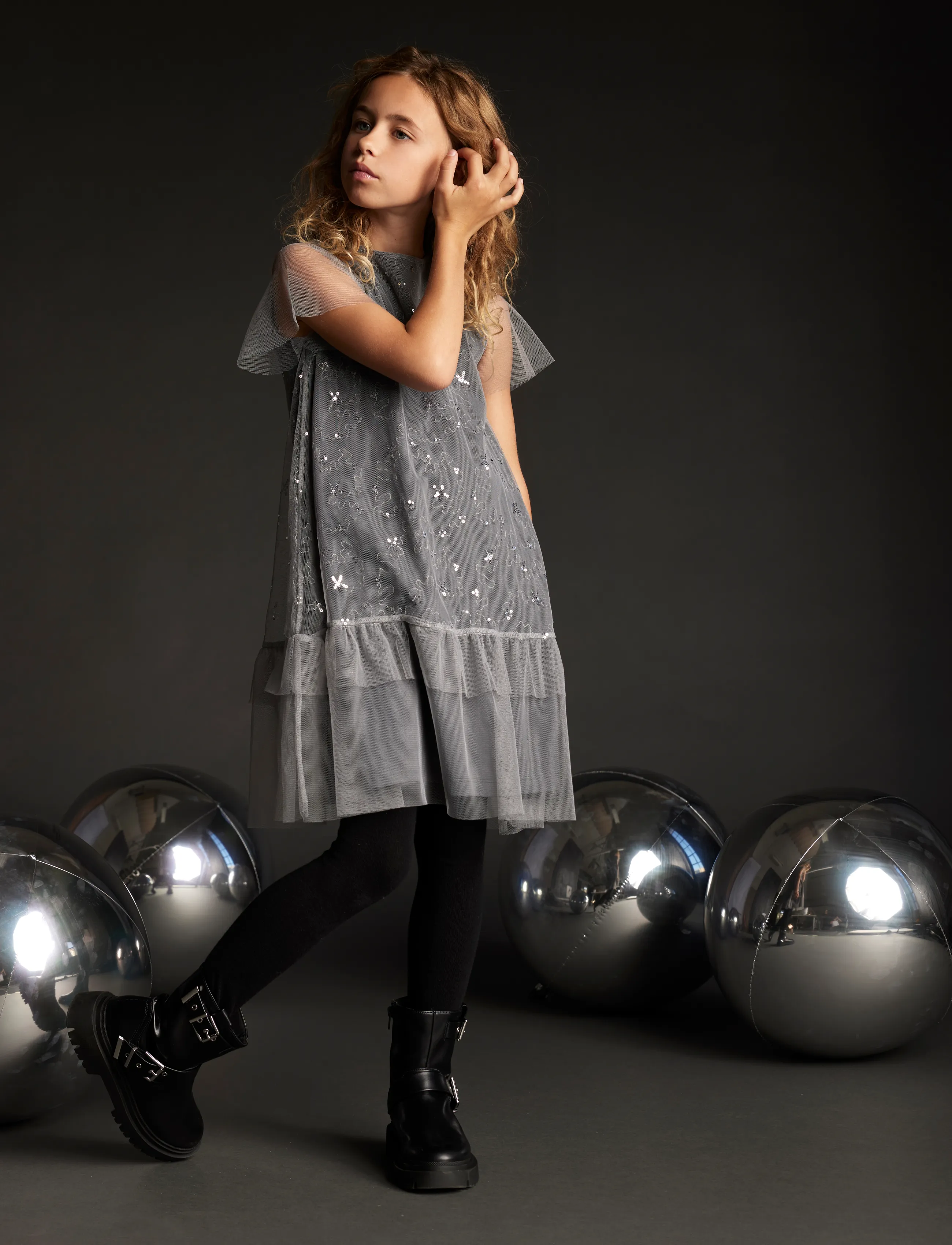 Creamie Dress Sequins Mesh, Børn, Mesh Pailletkjole, Grå, Str: 122